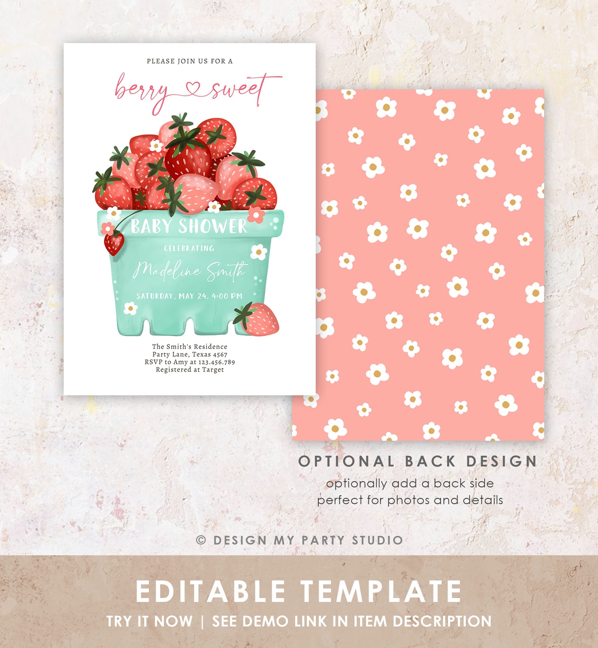 Editable Strawberry Baby Shower Invitation Cute Berry Sweet Baby Girl Strawberries Summer Download Printable Template Corjl Digital 0506