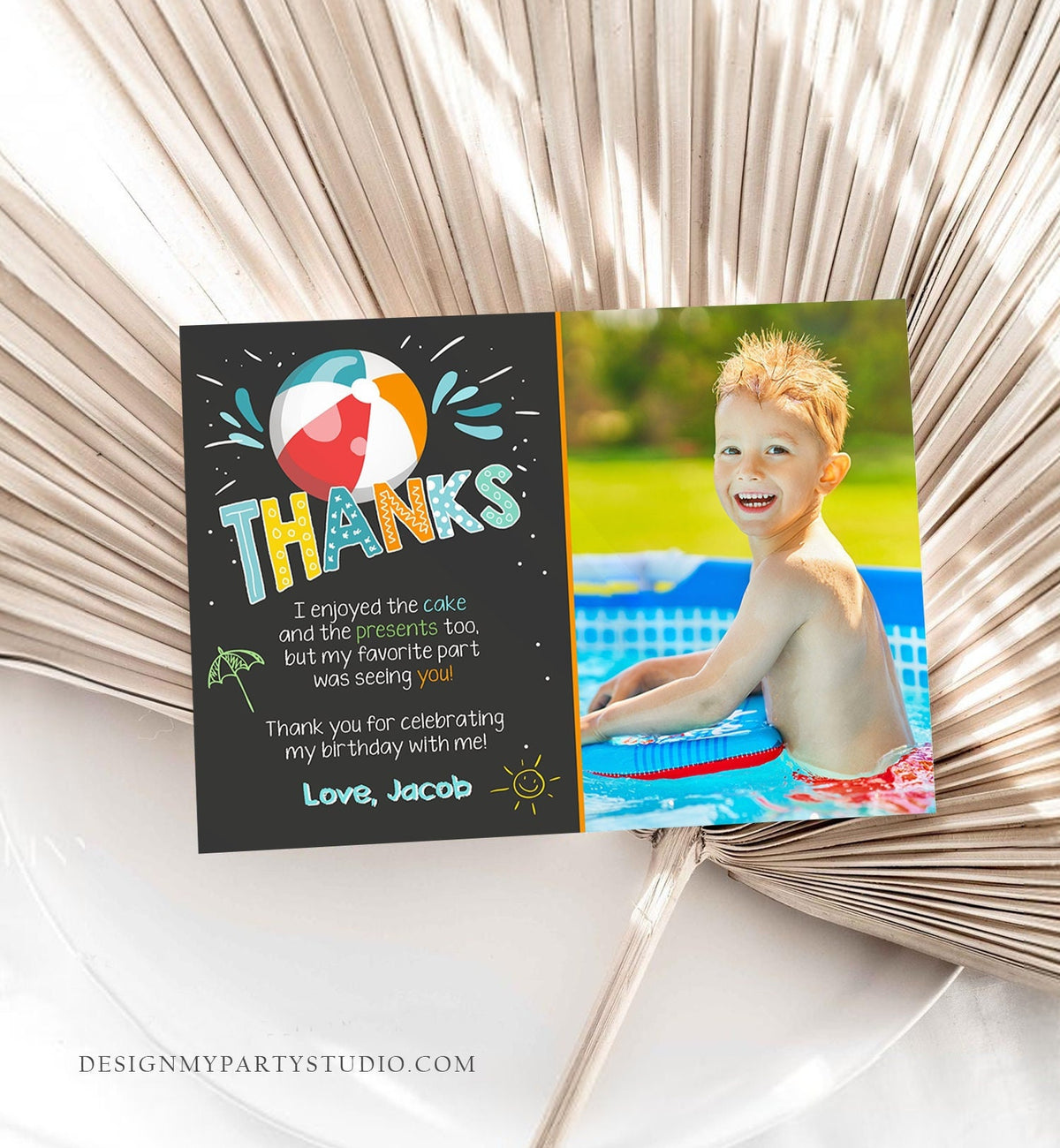 Editable Splish Splash Pool Party Thank You Card Birthday Pool Party Boy Beach Thank You Note Photo Template Instant Download Corjl 0169