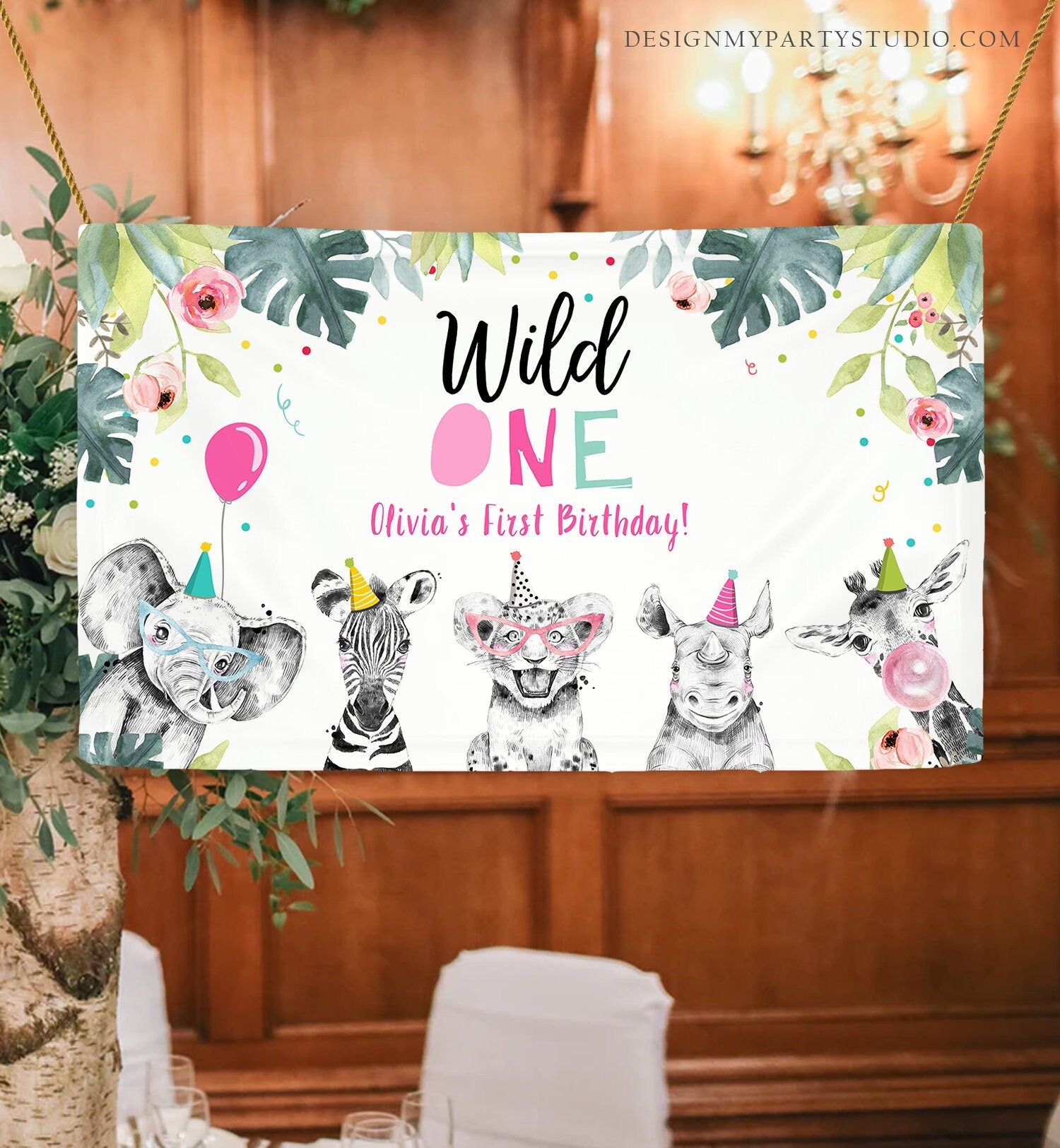 Editable Party Animals Birthday Backdrop Banner Safari Animals Wild One First Birthday Welcome Sign Digital Download Template Printable 0322