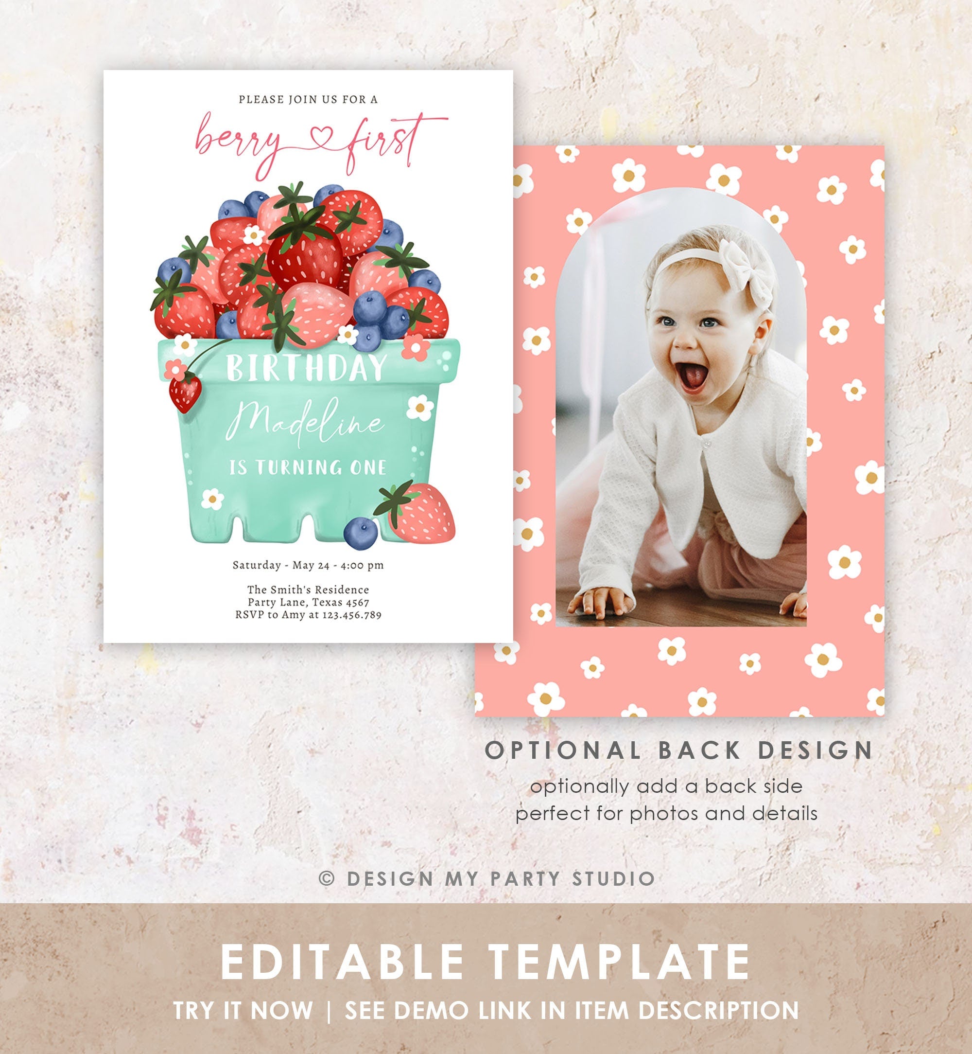 Editable Berry Sweet Birthday Invitation Blueberry Strawberry Picking Party Farmers Market Twin Printable Template Corjl Digital 0506