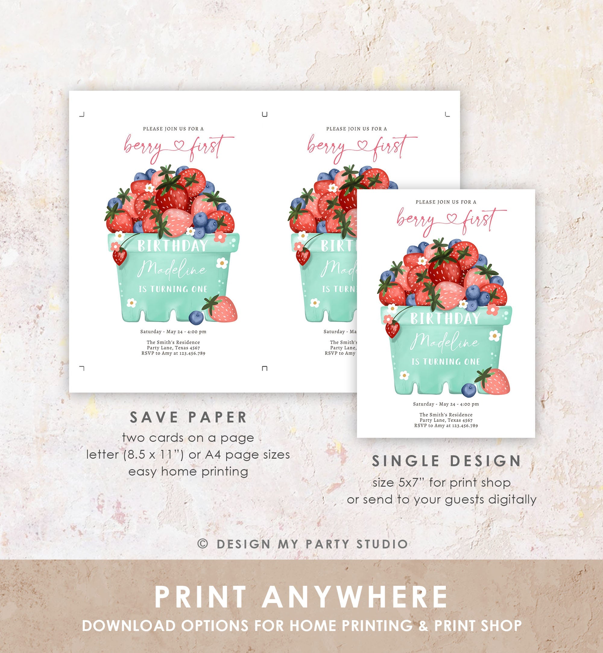 Editable Berry Sweet Birthday Invitation Blueberry Strawberry Picking Party Farmers Market Twin Printable Template Corjl Digital 0506