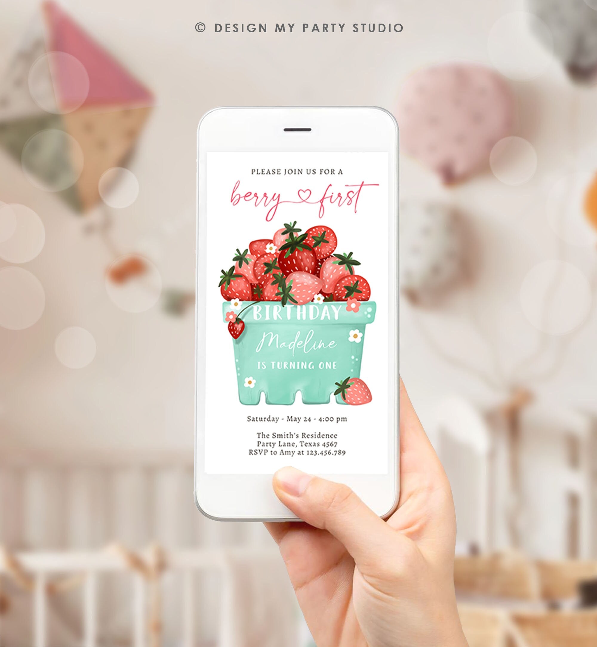 Editable Berry First Birthday Evite Electronic Strawberry Birthday Berry Sweet Strawberries 1st Digital Phone Template Corjl Digital 0506