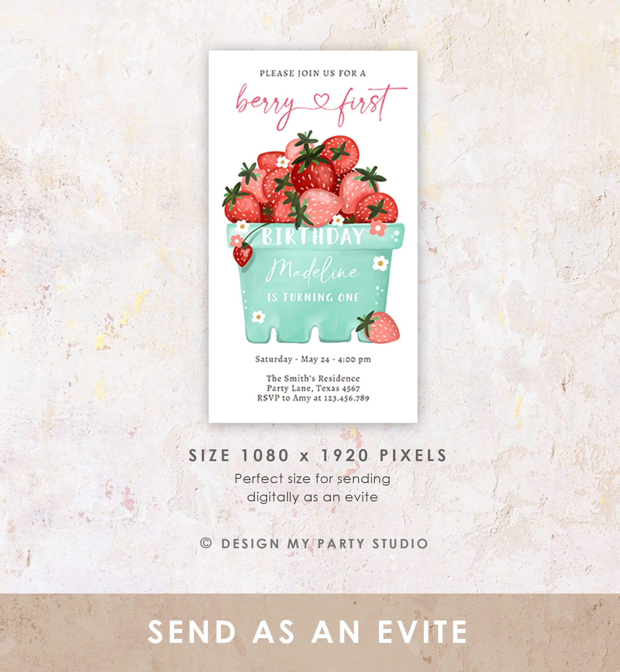 Editable Berry First Birthday Evite Electronic Strawberry Birthday Berry Sweet Strawberries 1st Digital Phone Template Corjl Digital 0506