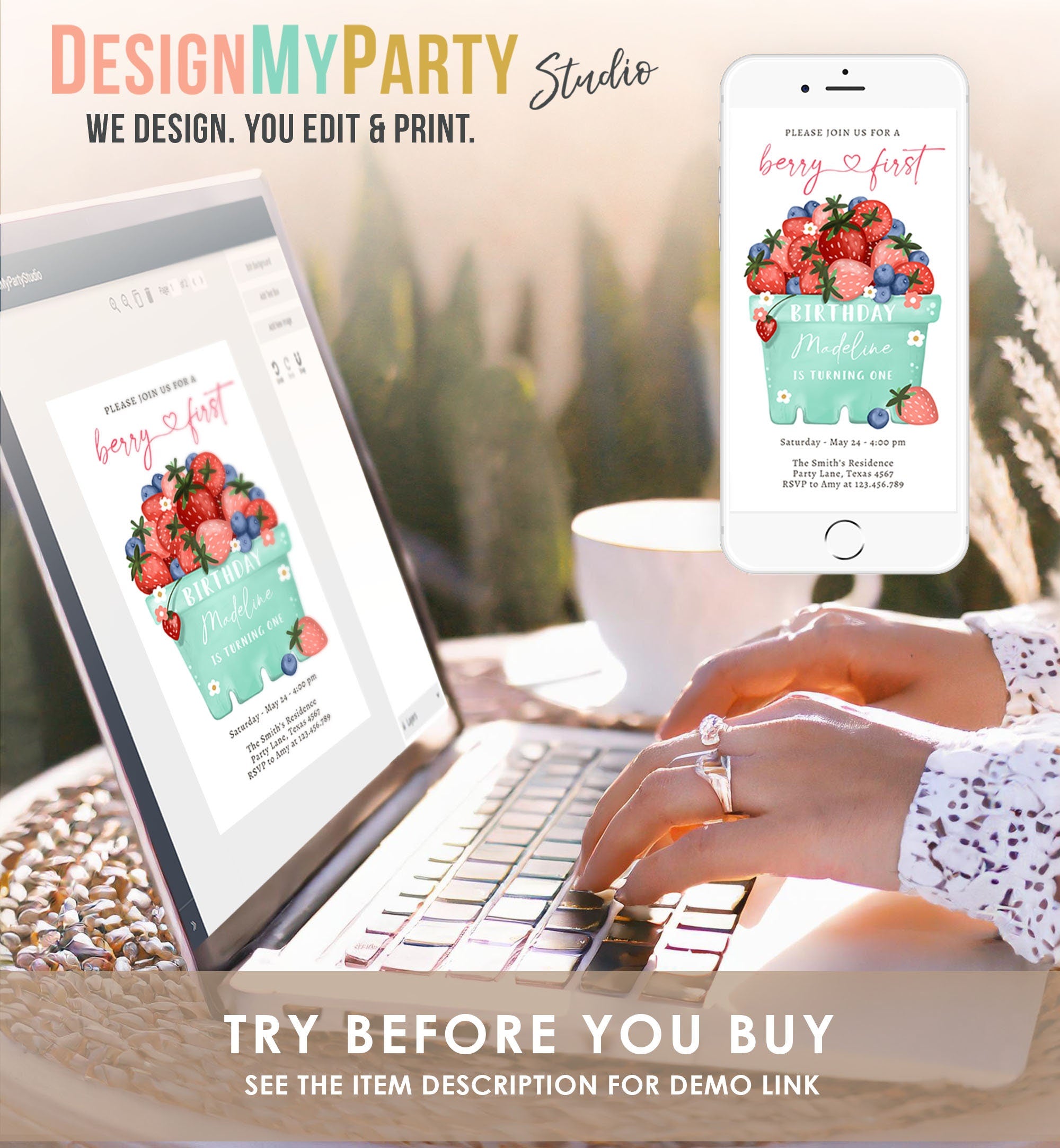 Editable Berry Sweet Birthday Evite Electronic Blueberry Strawberry Picking Party Farmers Market Digital Phone Template Corjl Digital 0506