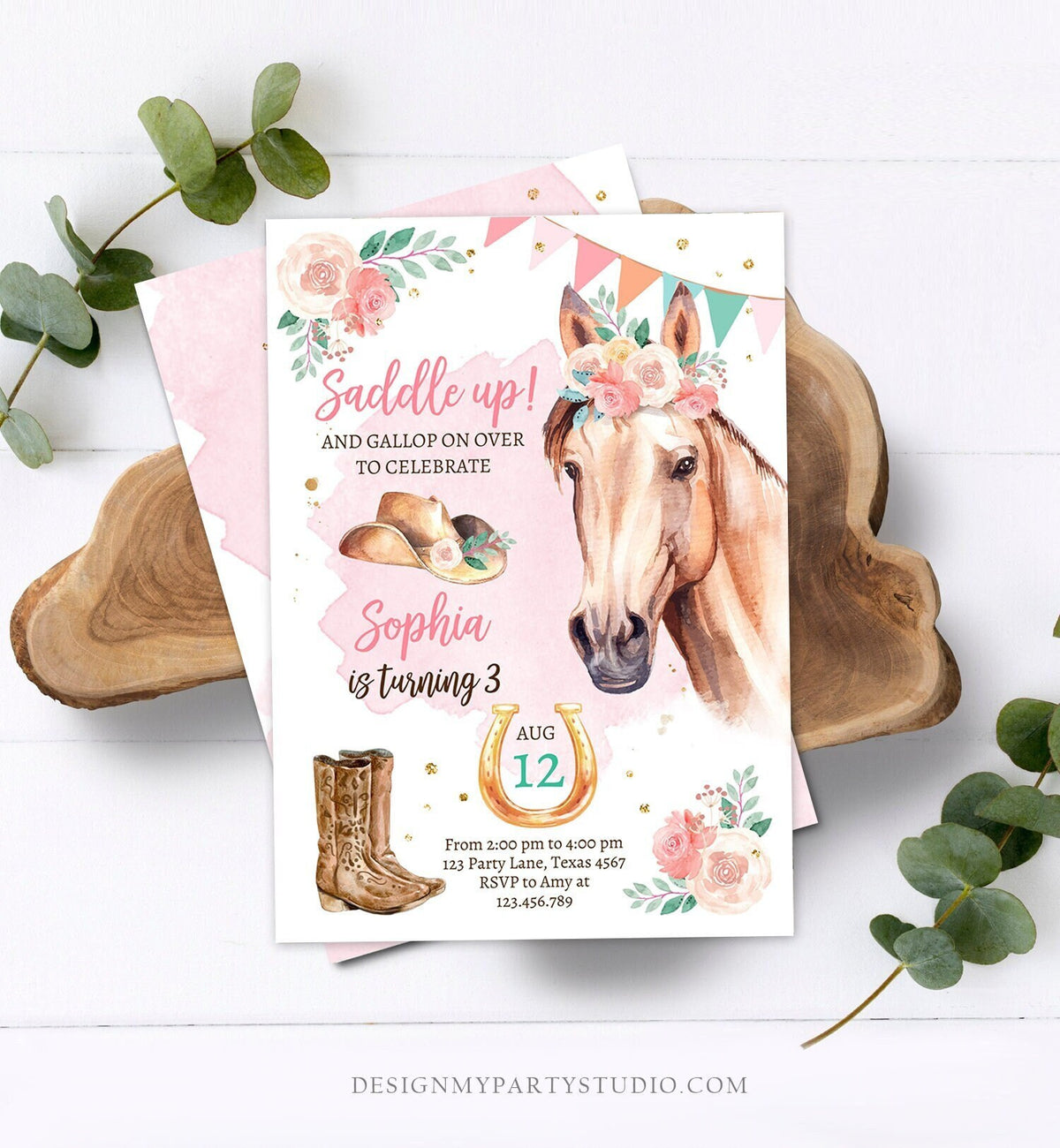 Editable Cowgirl Birthday Invitation Girl Saddle Up Watercolor Horse Party Horse Birthday Invite Pink Download Printable Template Corjl 0398