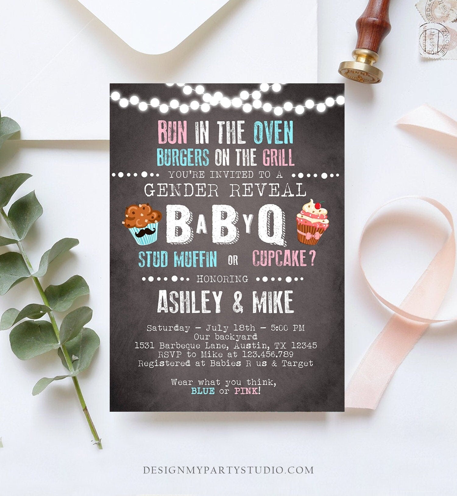 Editable Gender Reveal Invitation BBQ Couples Shower BabyQ invite Pink or Blue Muffin Instant Download Printable Template Corjl Digital 0309