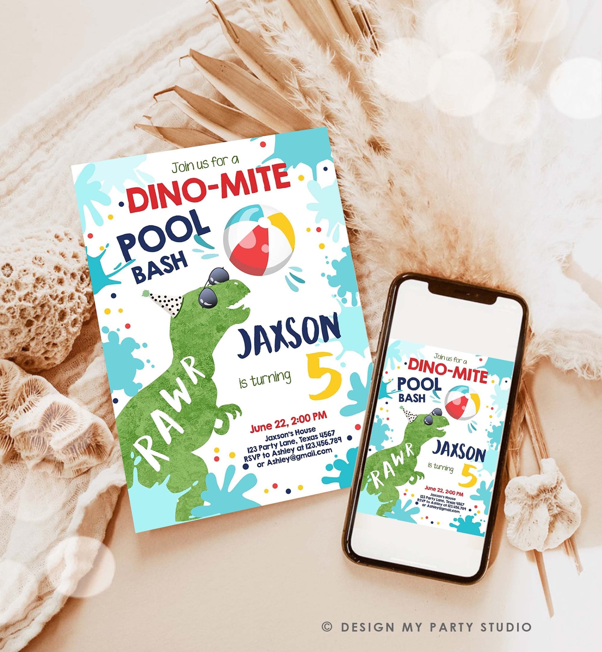 Editable Dinosaur Pool Party Birthday Invitation Dinosaur Birthday Dino T-Rex Boy Bash Download Printable Invitation Template Corjl 0305