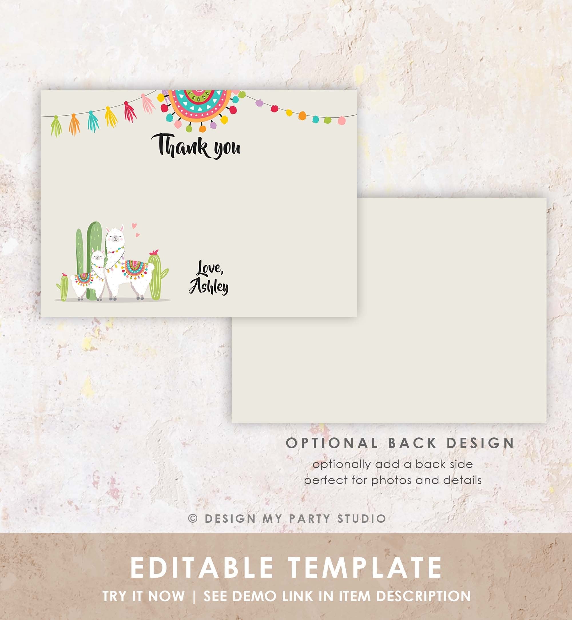 Editable Llama Thank You Card Fiesta Mexican Baby Shower Thank You Note Birthday Cactus Neutral Alpaca Corjl Template Printable 0079