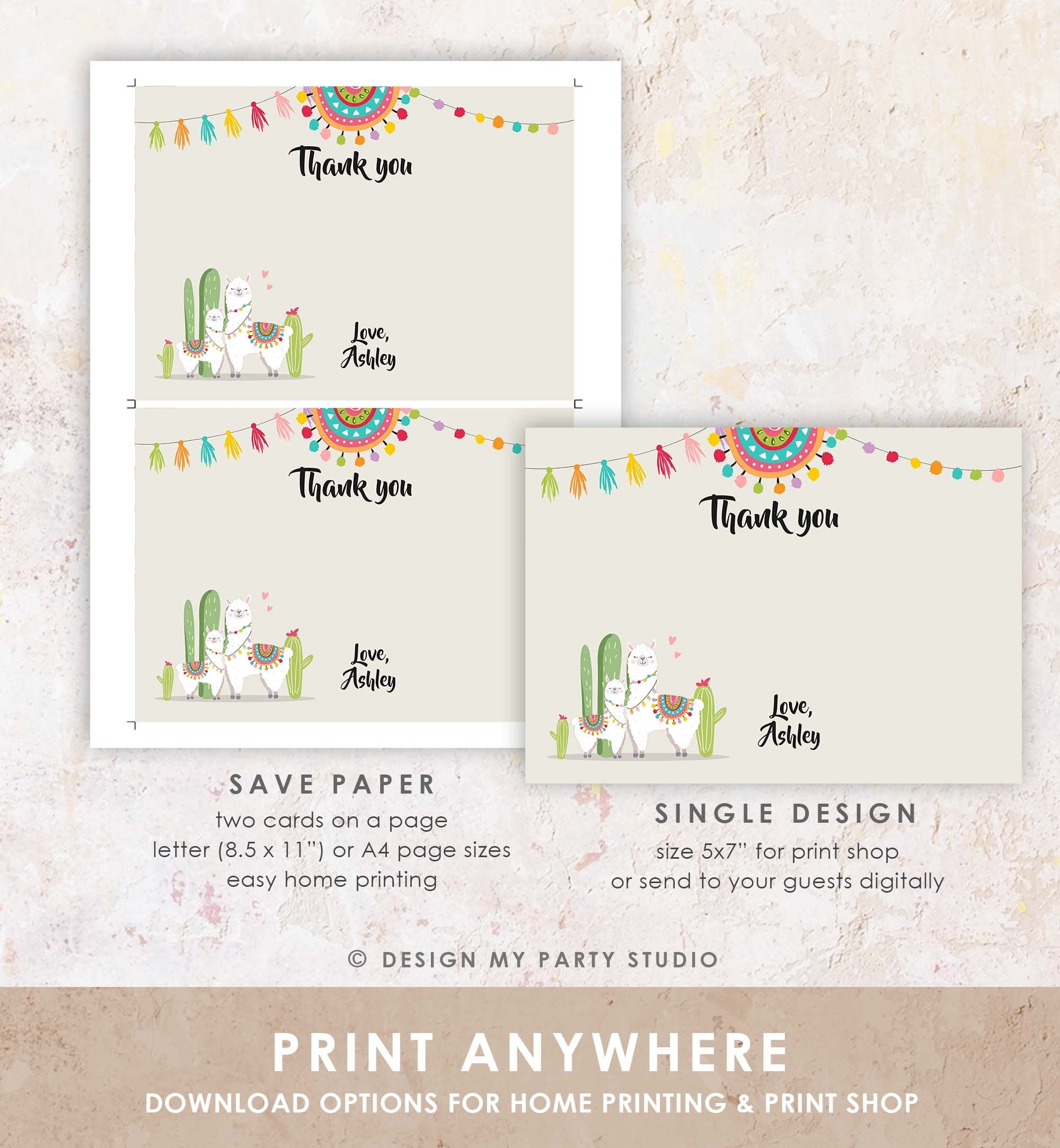 Editable Llama Thank You Card Fiesta Mexican Baby Shower Thank You Note Birthday Cactus Neutral Alpaca Corjl Template Printable 0079