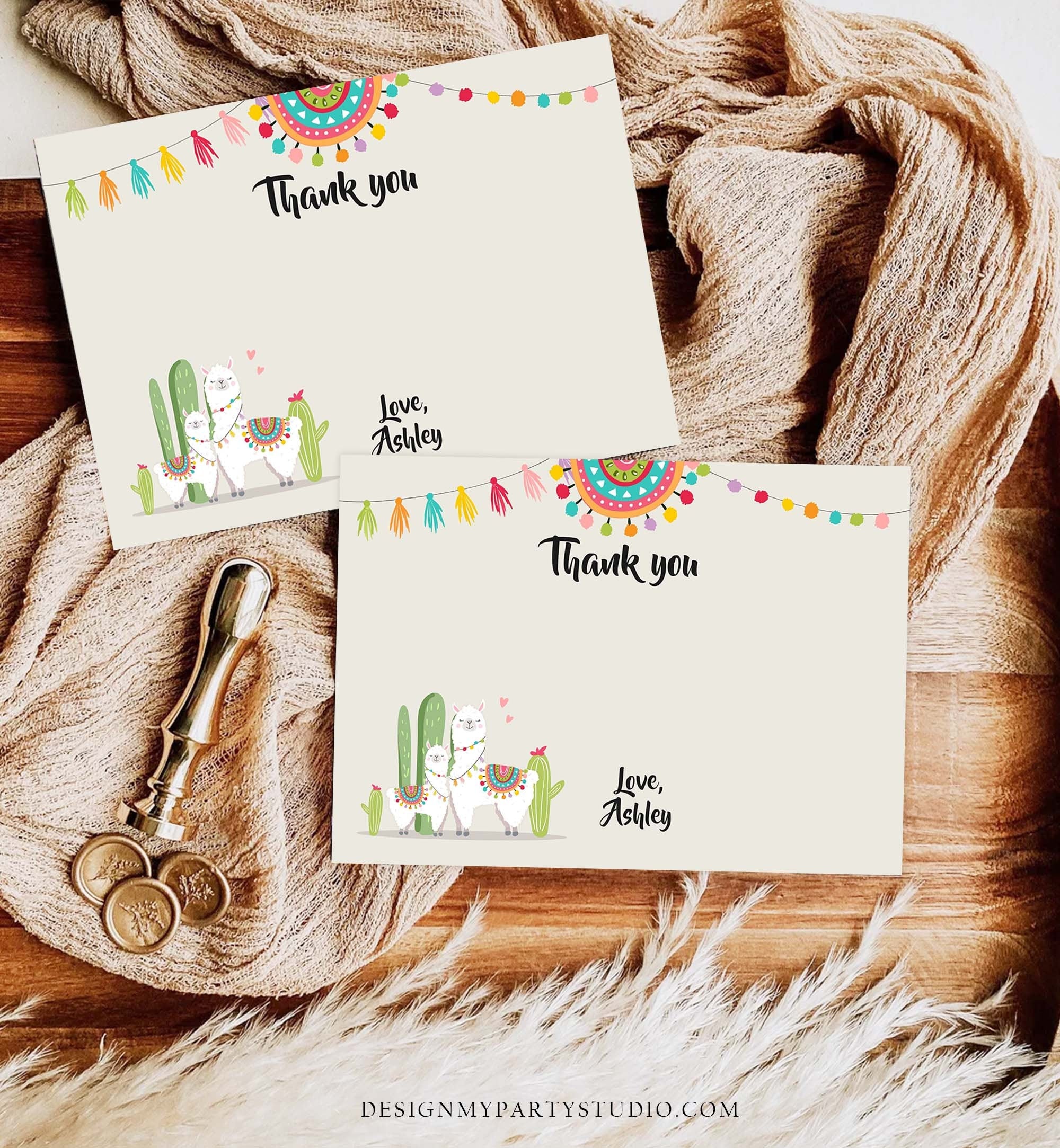 Editable Llama Thank You Card Fiesta Mexican Baby Shower Thank You Note Birthday Cactus Neutral Alpaca Corjl Template Printable 0079