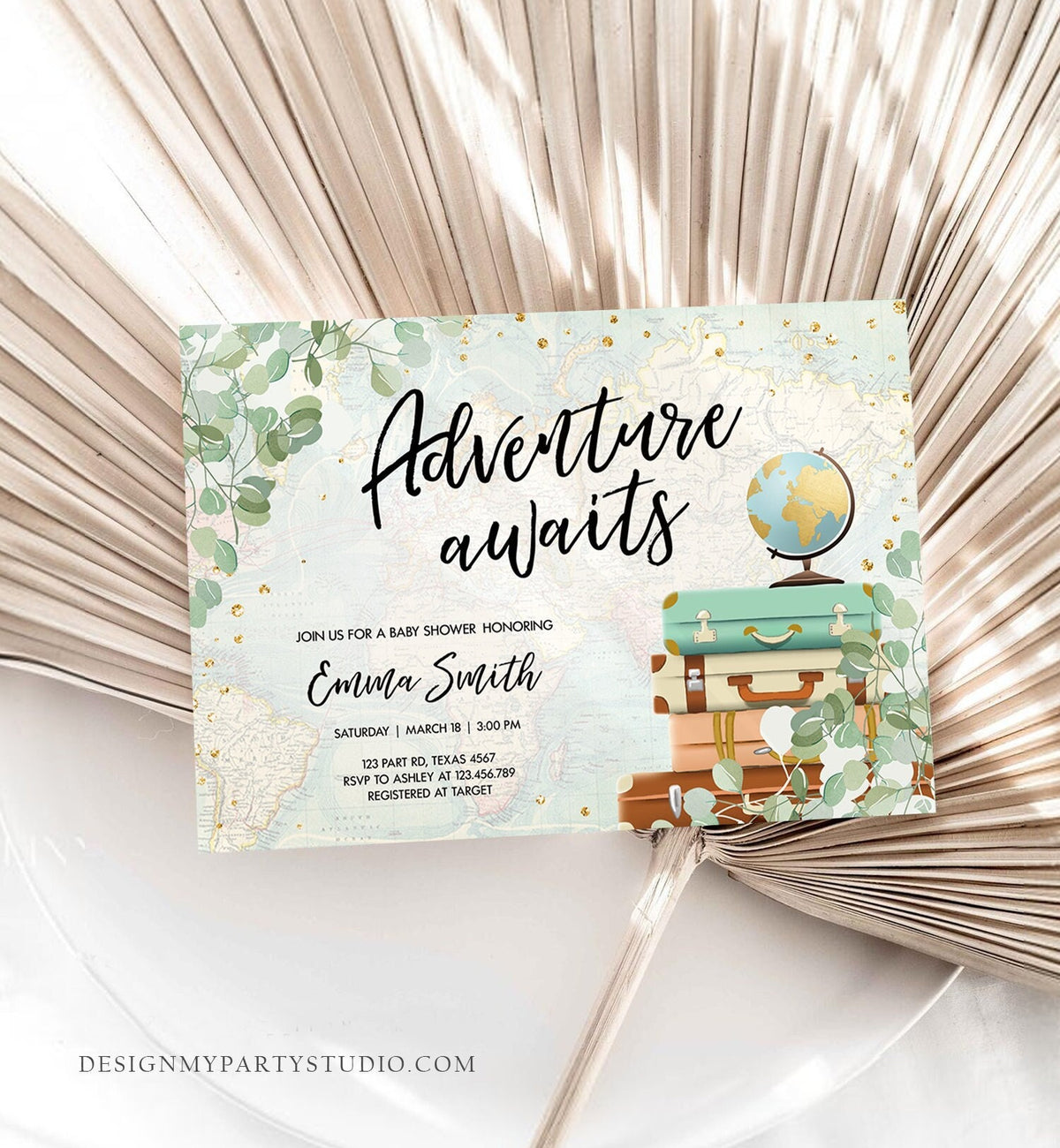 Editable Adventure Awaits Baby Shower Invitation Sprinkle Eucalyptus Greenery Suitcases Travel Around World Digital Template Printable 0030