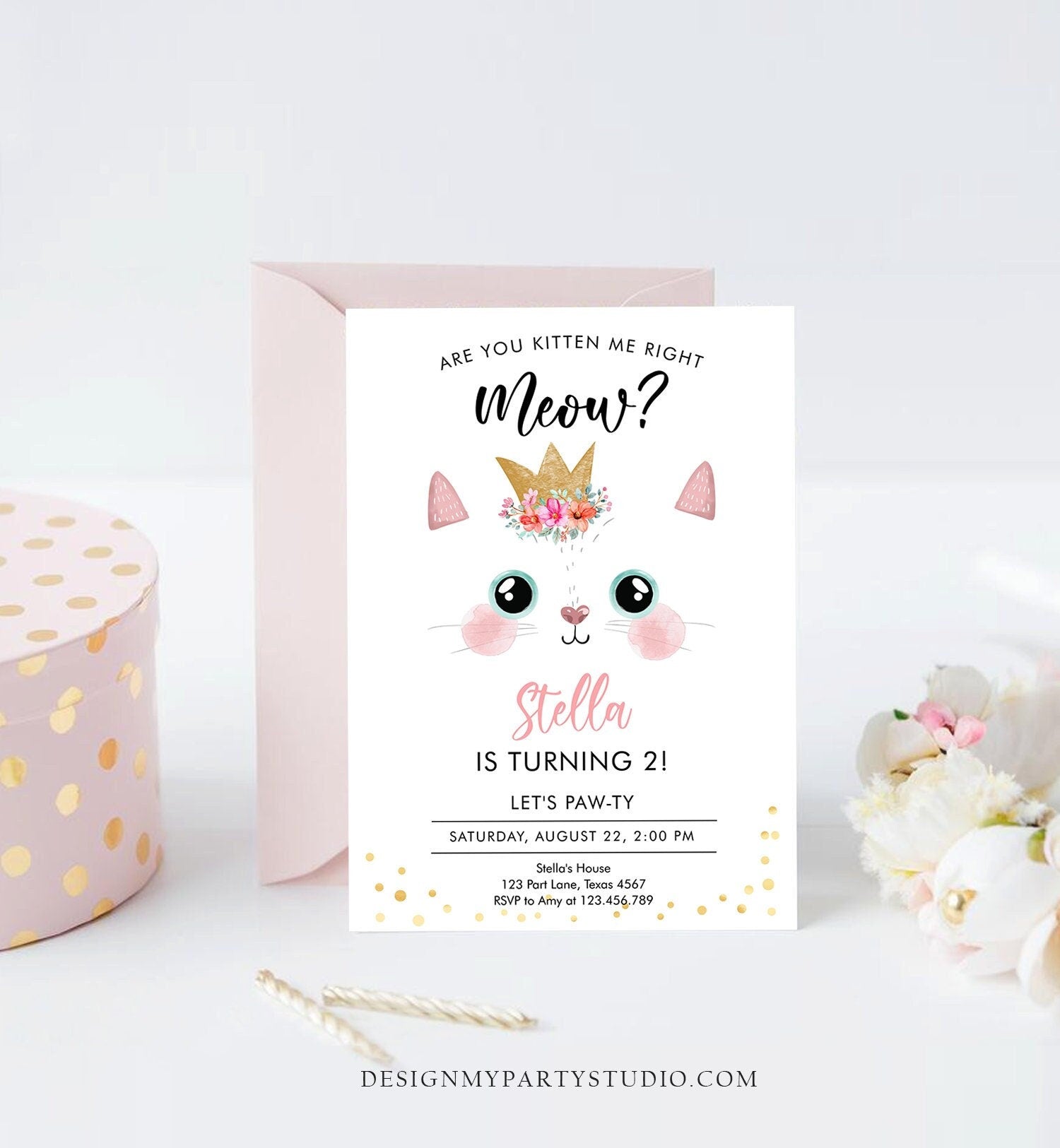 Editable Kitten Birthday Invitation Kitty Cat birthday Party Cat Invite Are You Kitten Me Pink Girl Download Printable Digital Evite 0381