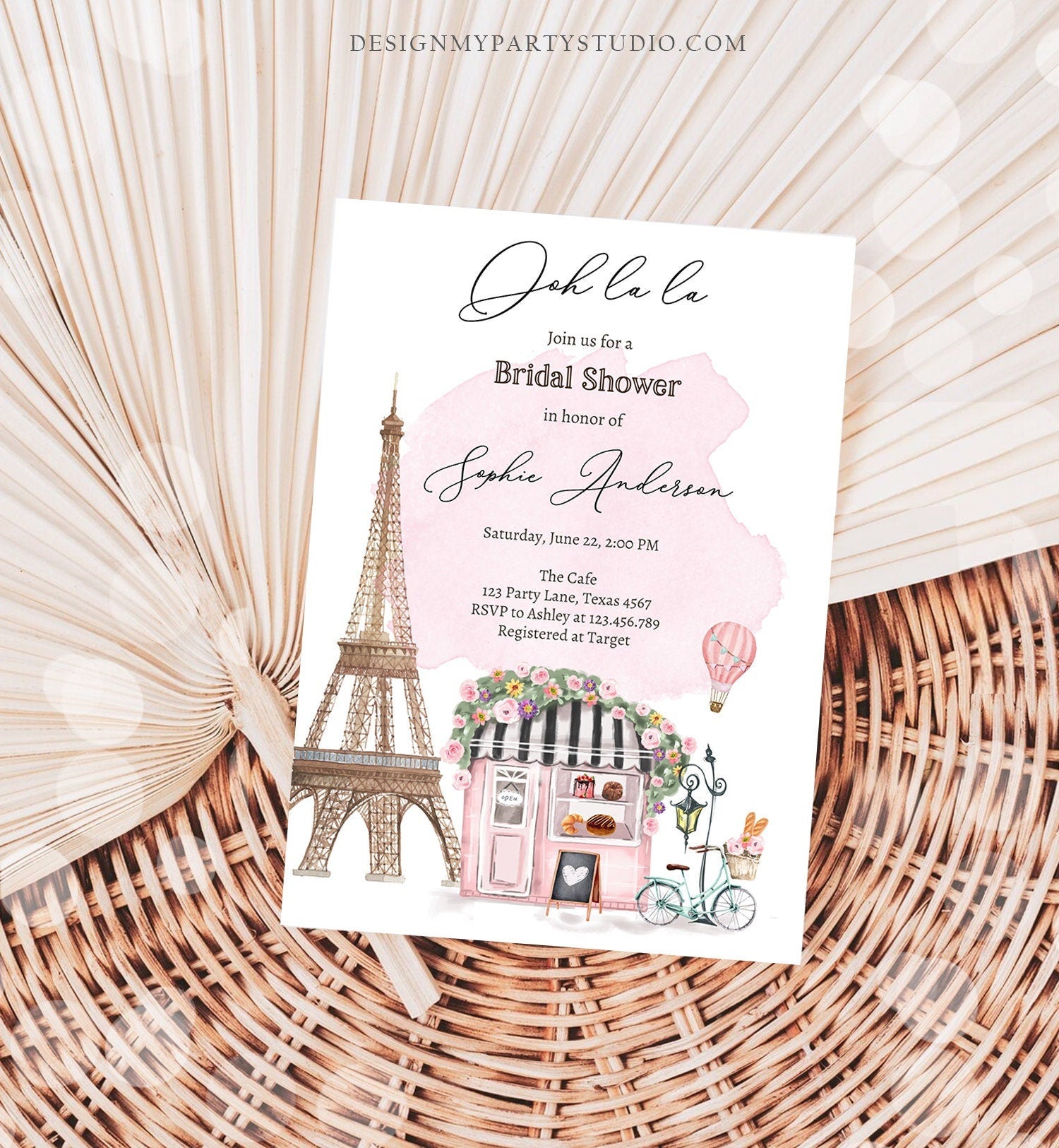 Editable Paris Bridal Shower Invitation French Patisserie Parisian Eiffel Tower Ooh La La Cafe Floral Digital Evite Template Printable 0441