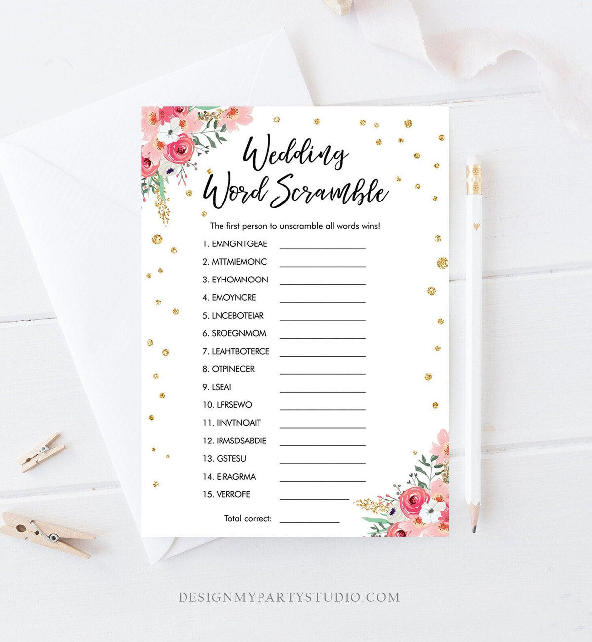 Editable Wedding Word Scramble Bridal Shower Game Floral Pink Gold Confetti Word Puzzle Unscramble Words Download Corjl Printable 0030 0318