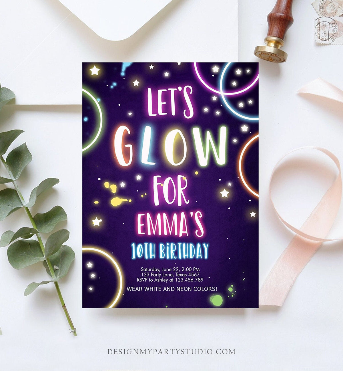 Editable Glow Birthday Invitation Glow Party Invite Neon Glow In The Dark Girls Teen Pink Digital Download Evite Template Printable 0172