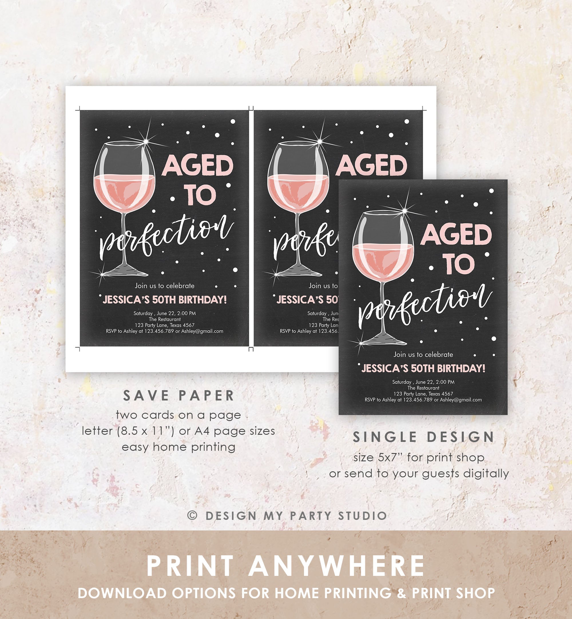 Editable Aged to Perfection Birthday Invitation Wine Adult Birthday Invite Rustic Surprise Download Printable Invitation Template Corjl 0252