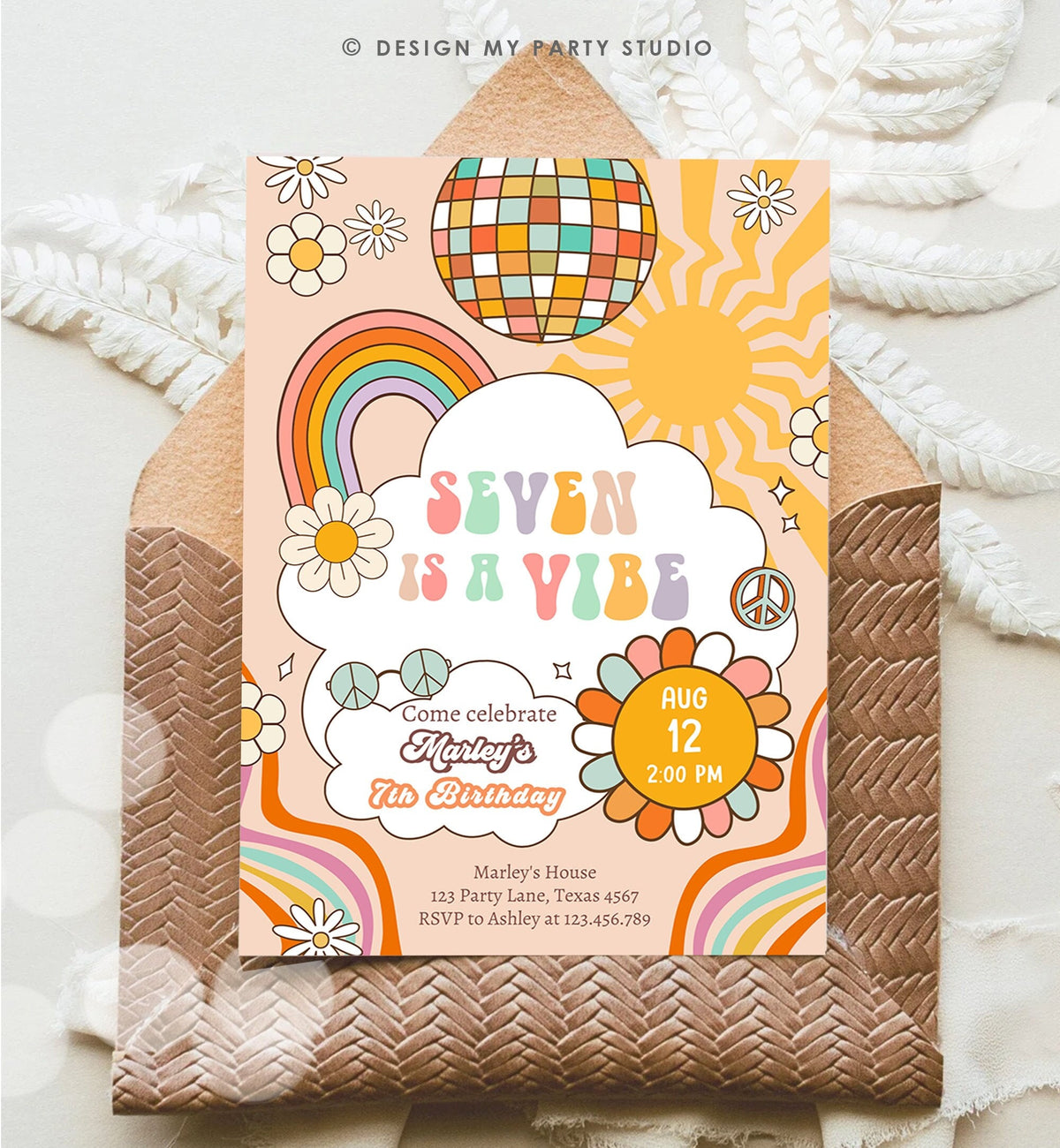 Editable Seven Is A Vibe Groovy Birthday Invitation 7th Birthday Retro Invite Rainbow Peace Love Party Download Template Corjl Digital 0459