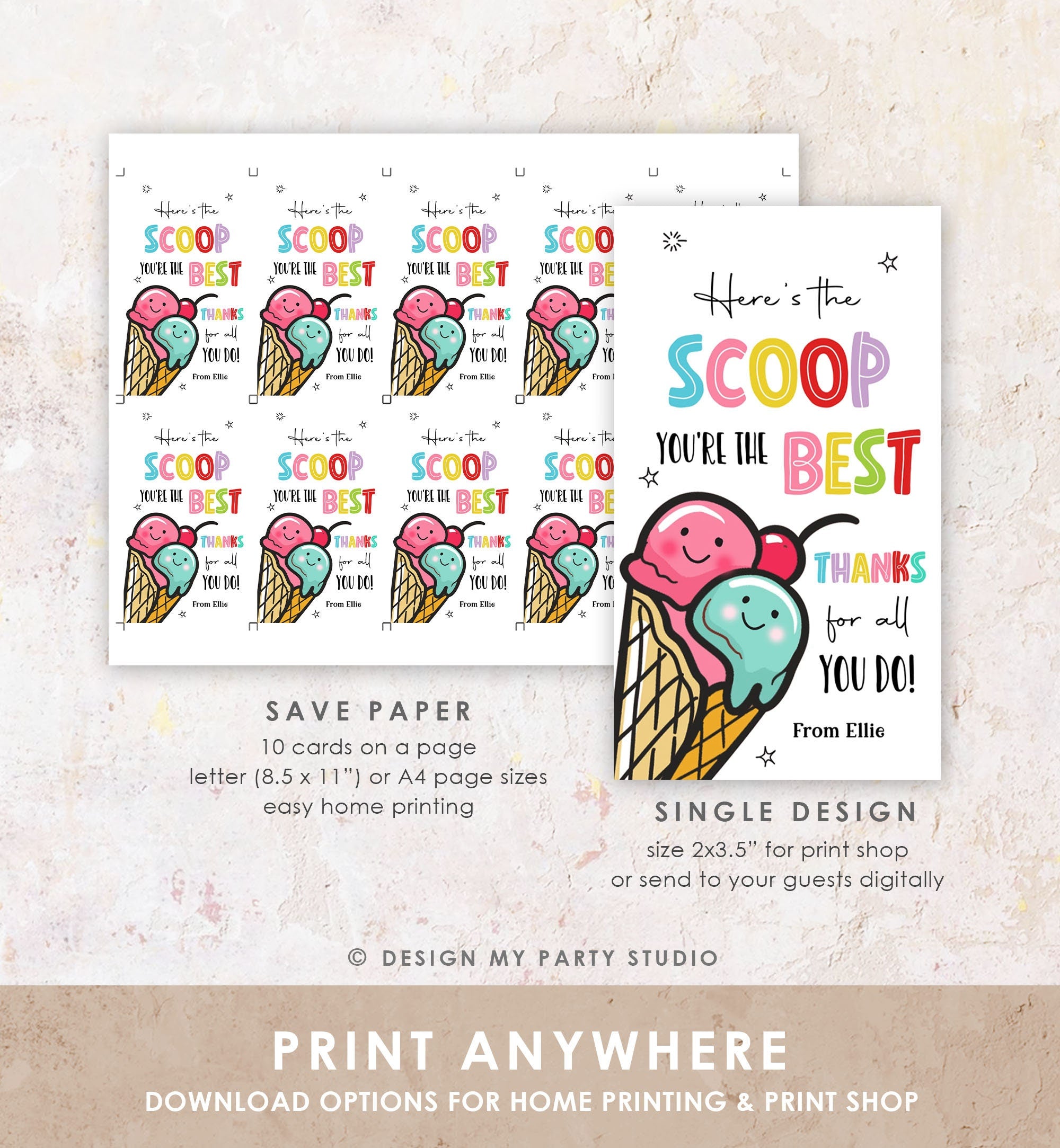 Editable Summer Ice Cream Teacher Appreciation Tag Kids End Of School Year Tag Here's the Scoop Employee Nurse Template Printable 0464