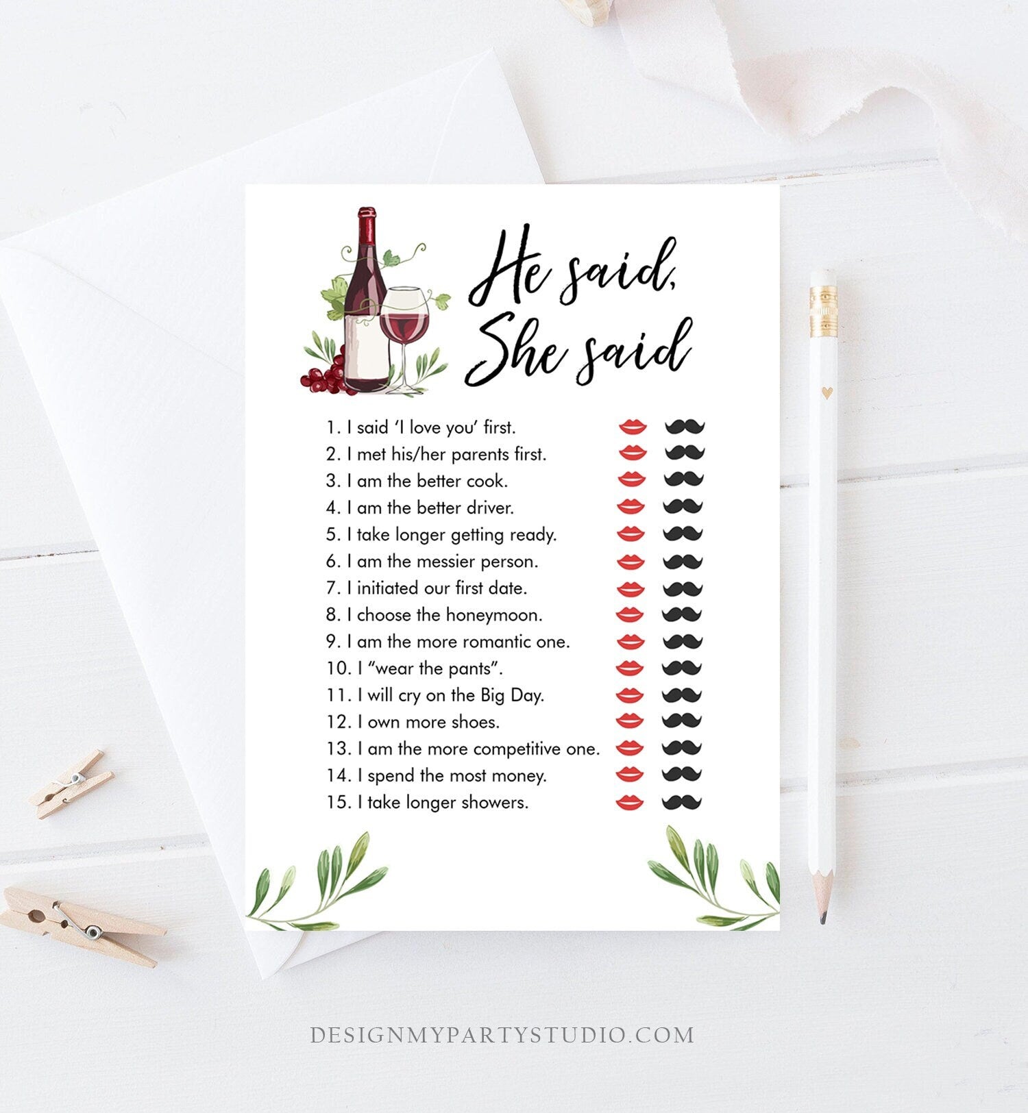 Editable He Said She Said Bridal Shower Game Wine Tasting Vineyard Bride or Groom Wedding Activity Who said it Phrase Digital Template 0234