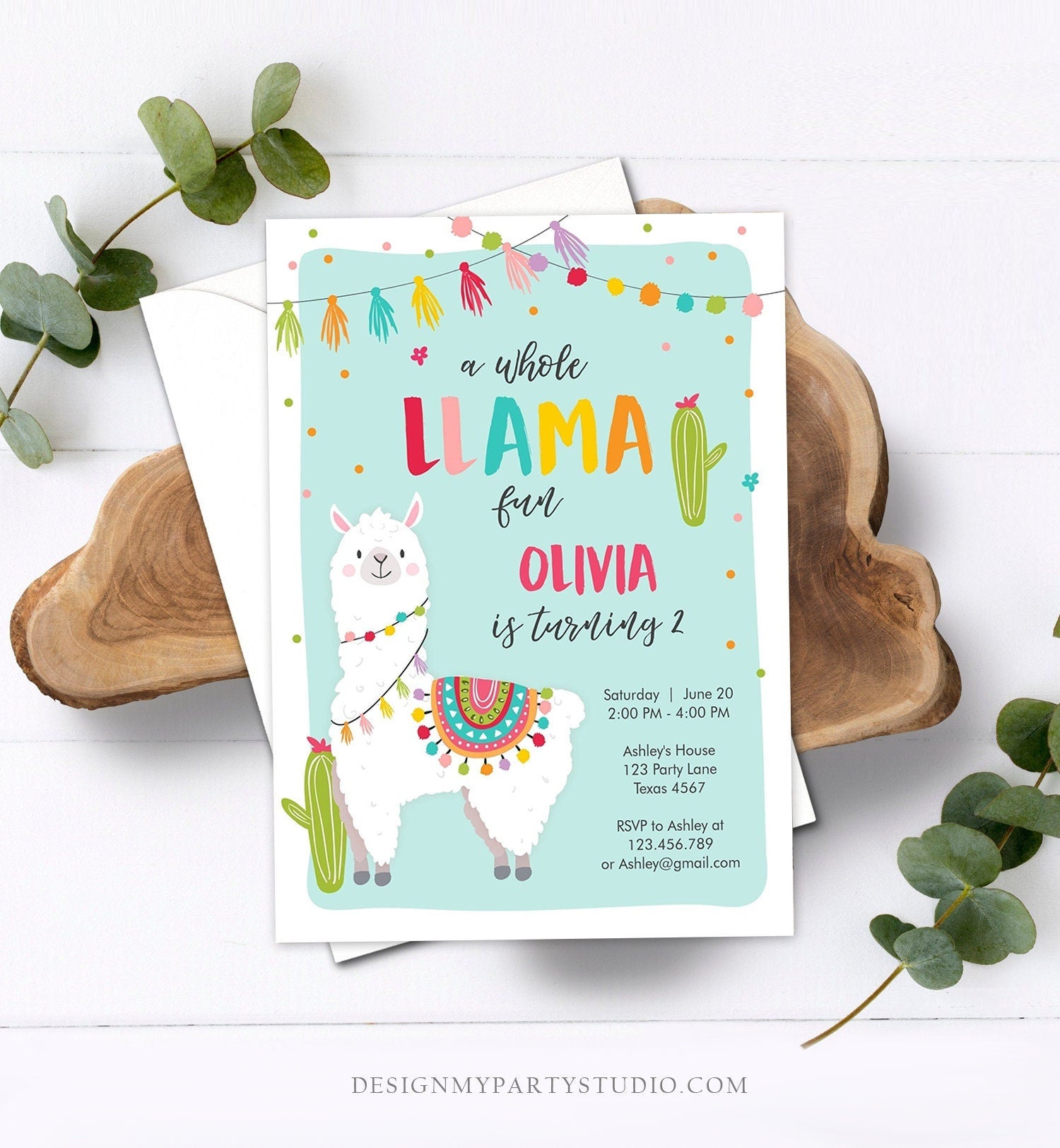 Editable Whole Llama Fun Birthday Invitation Fiesta Mexican Cactus Alpaca Girl Blue Party Digital Download Evite Template Printable 0079