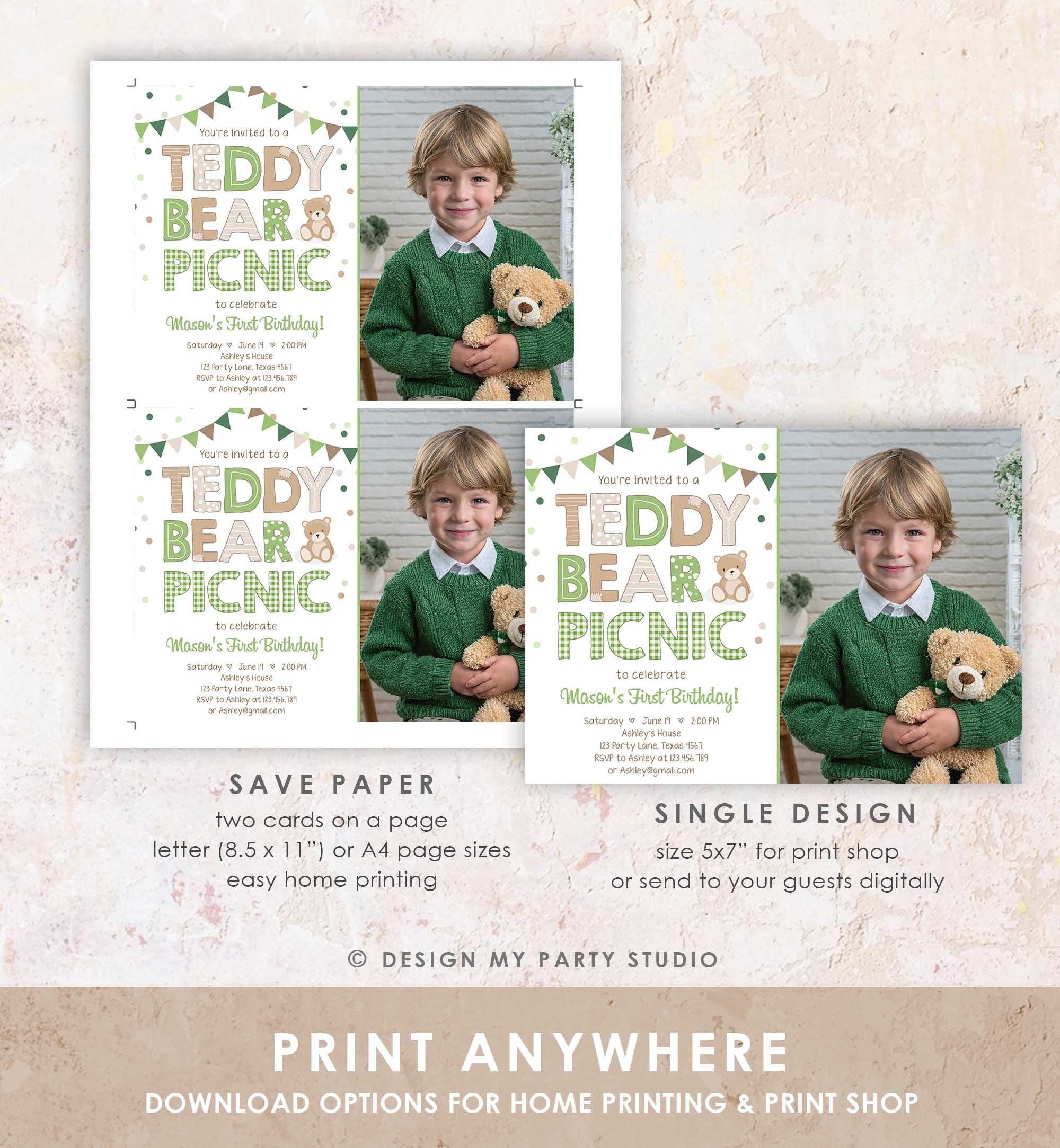 Editable Teddy Bear Picnic Birthday Invitation Green Gingham Boy Bear Picnic Outdoor First Birthday Digital Evite Template Printable 0100