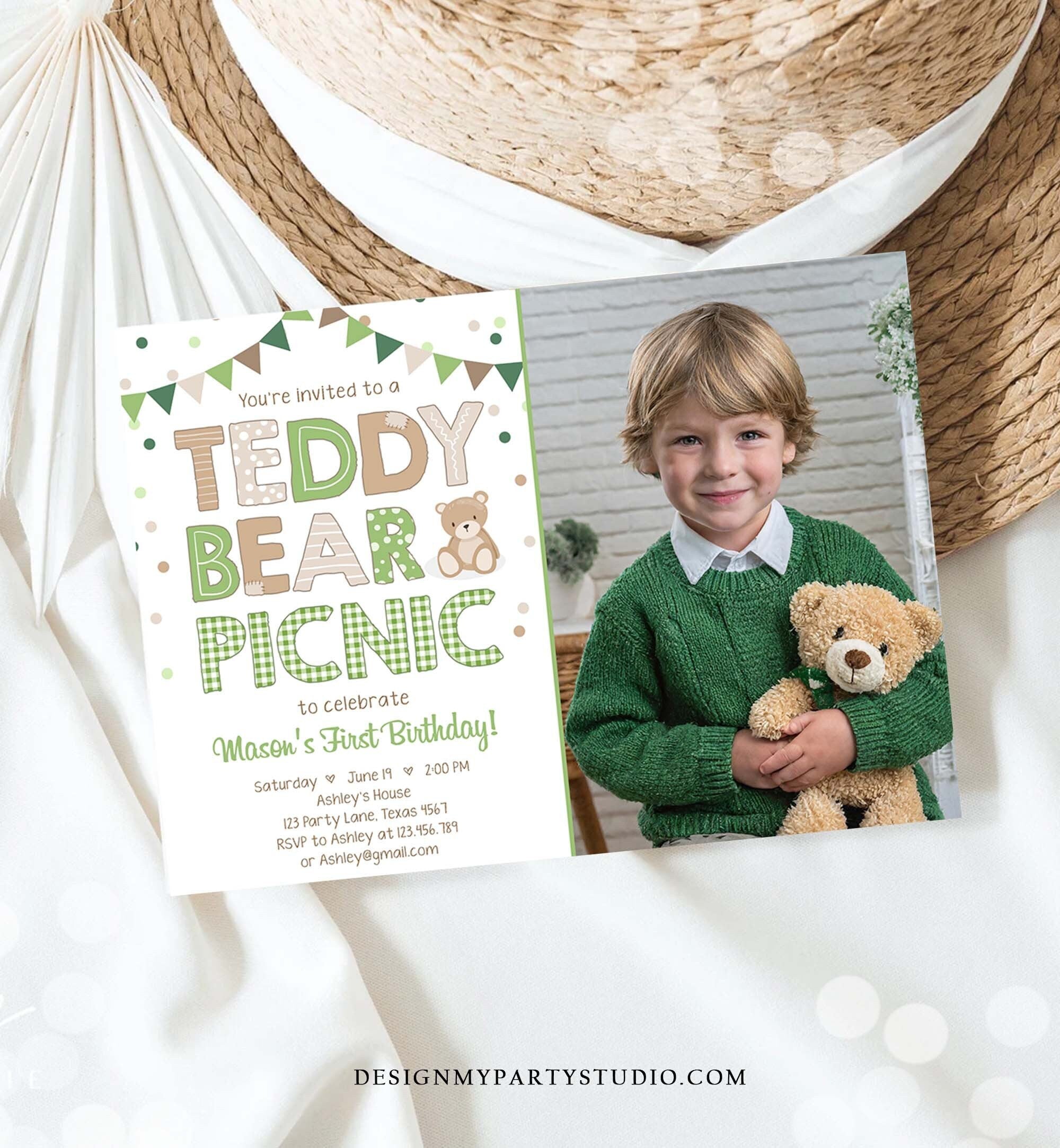 Editable Teddy Bear Picnic Birthday Invitation Green Gingham Boy Bear Picnic Outdoor First Birthday Digital Evite Template Printable 0100