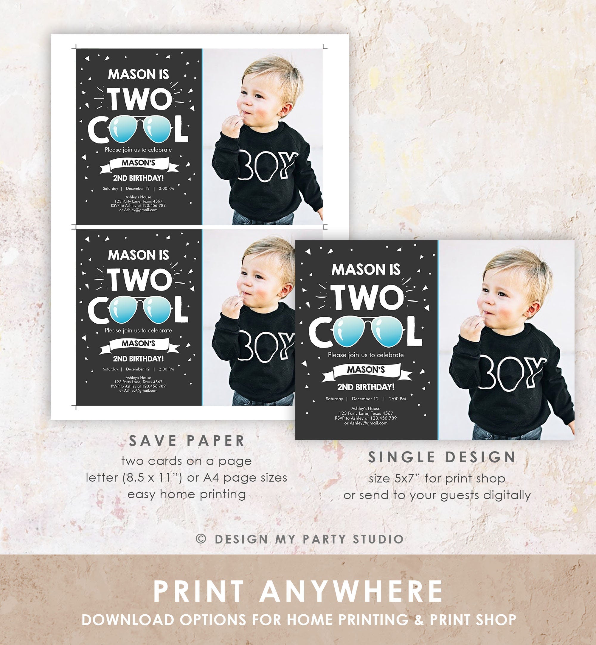 Editable Two Cool Birthday Invitation Boy Second Birthday Party 2nd I'm Two Cool Pilot Sunglasses Photo Printable Phone Evite Template 0136