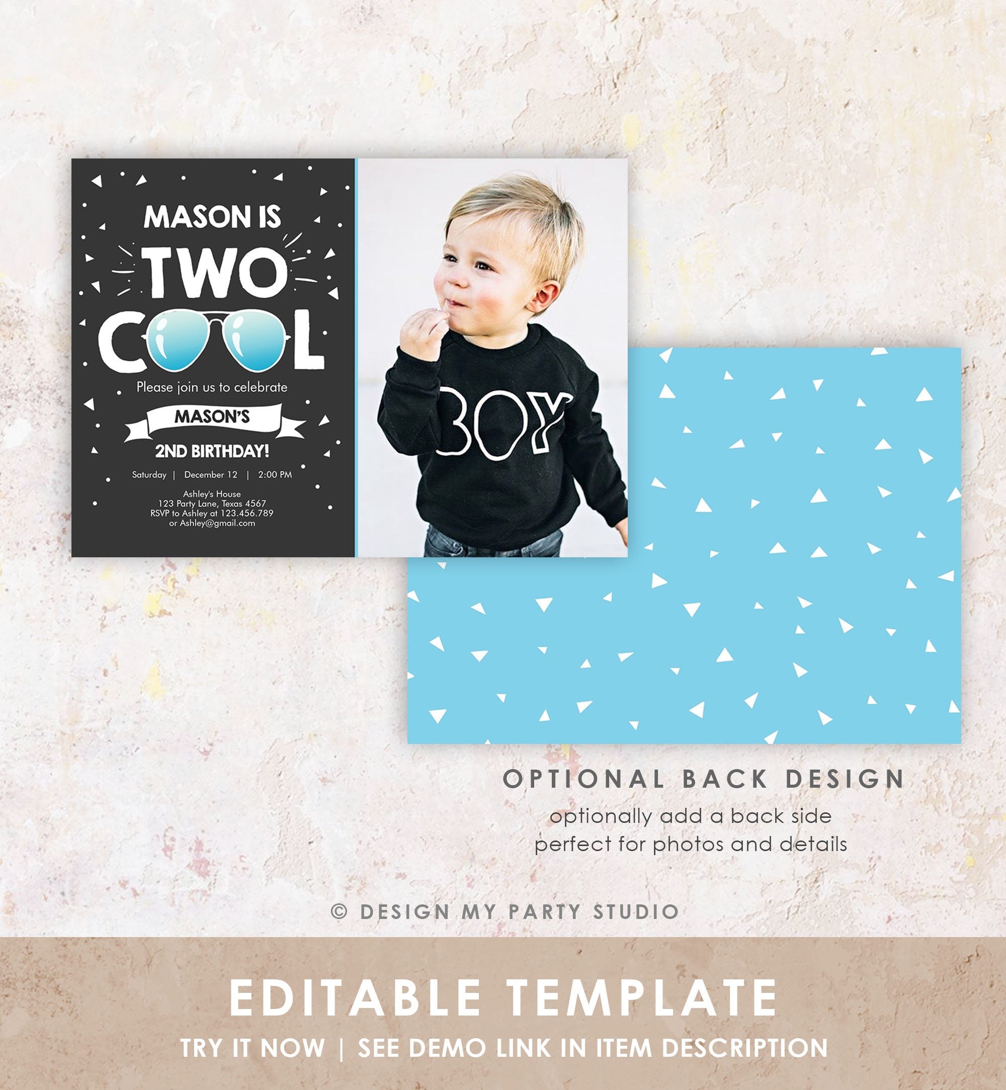 Editable Two Cool Birthday Invitation Boy Second Birthday Party 2nd I'm Two Cool Pilot Sunglasses Photo Printable Phone Evite Template 0136