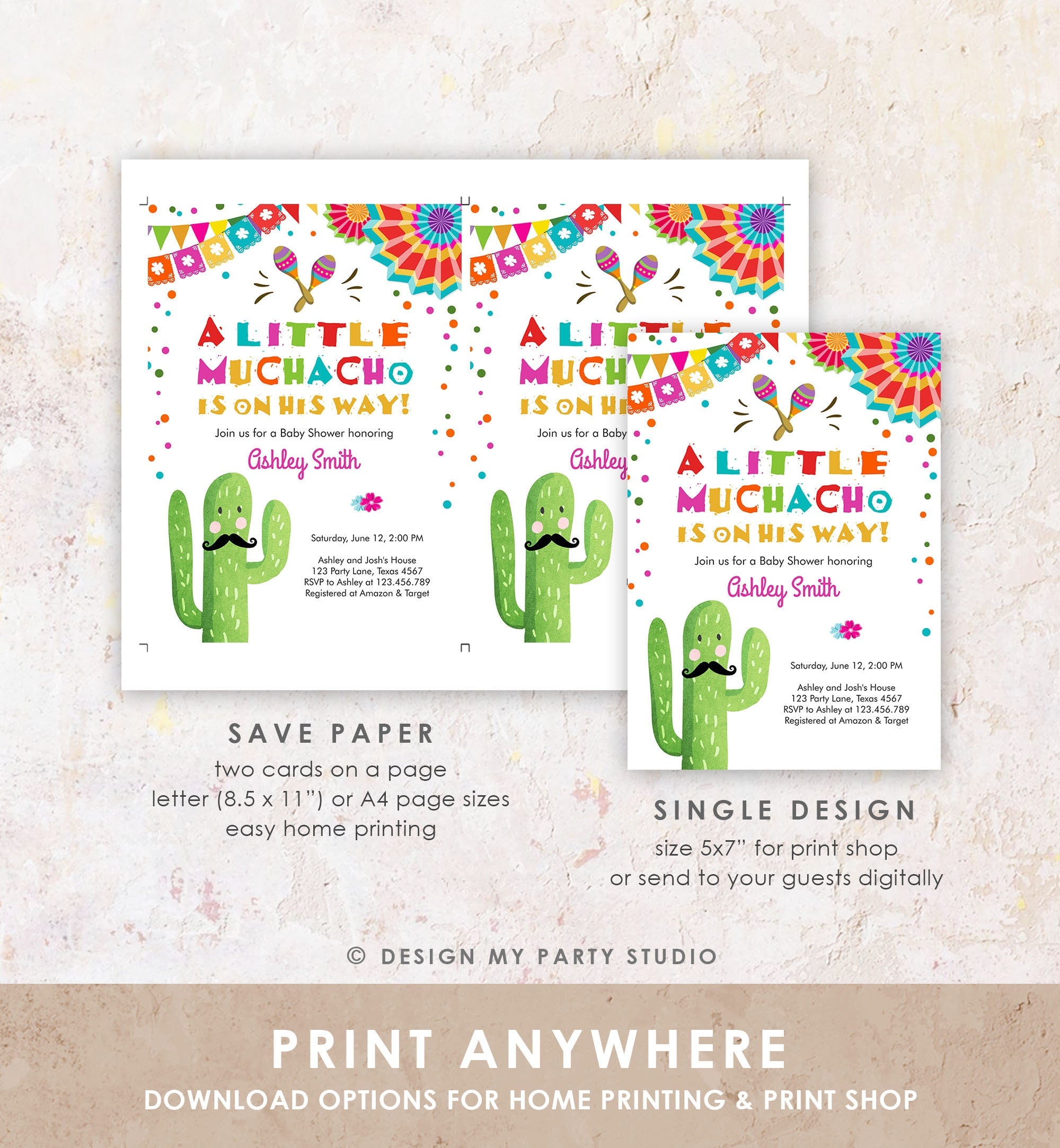 Editable Little Muchacho Fiesta Baby Shower Invitation Cactus Mexican Succulent Señor on the Way Blue Pink Download Corjl Template 0045