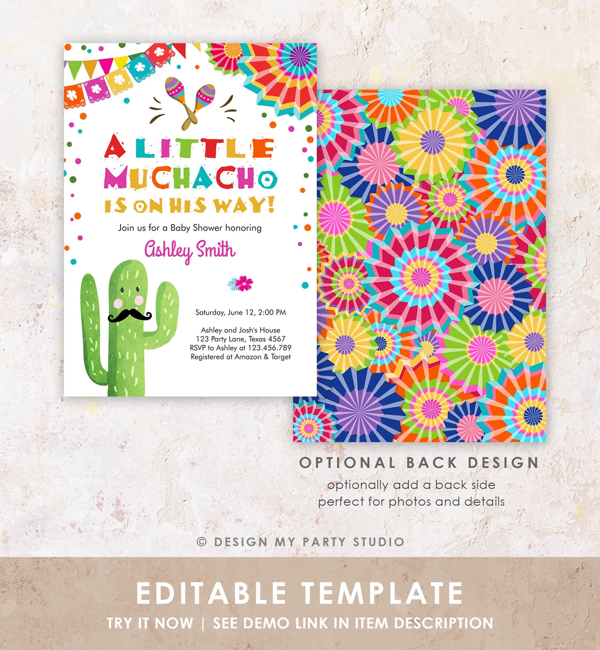 Editable Little Muchacho Fiesta Baby Shower Invitation Cactus Mexican Succulent Señor on the Way Blue Pink Download Corjl Template 0045