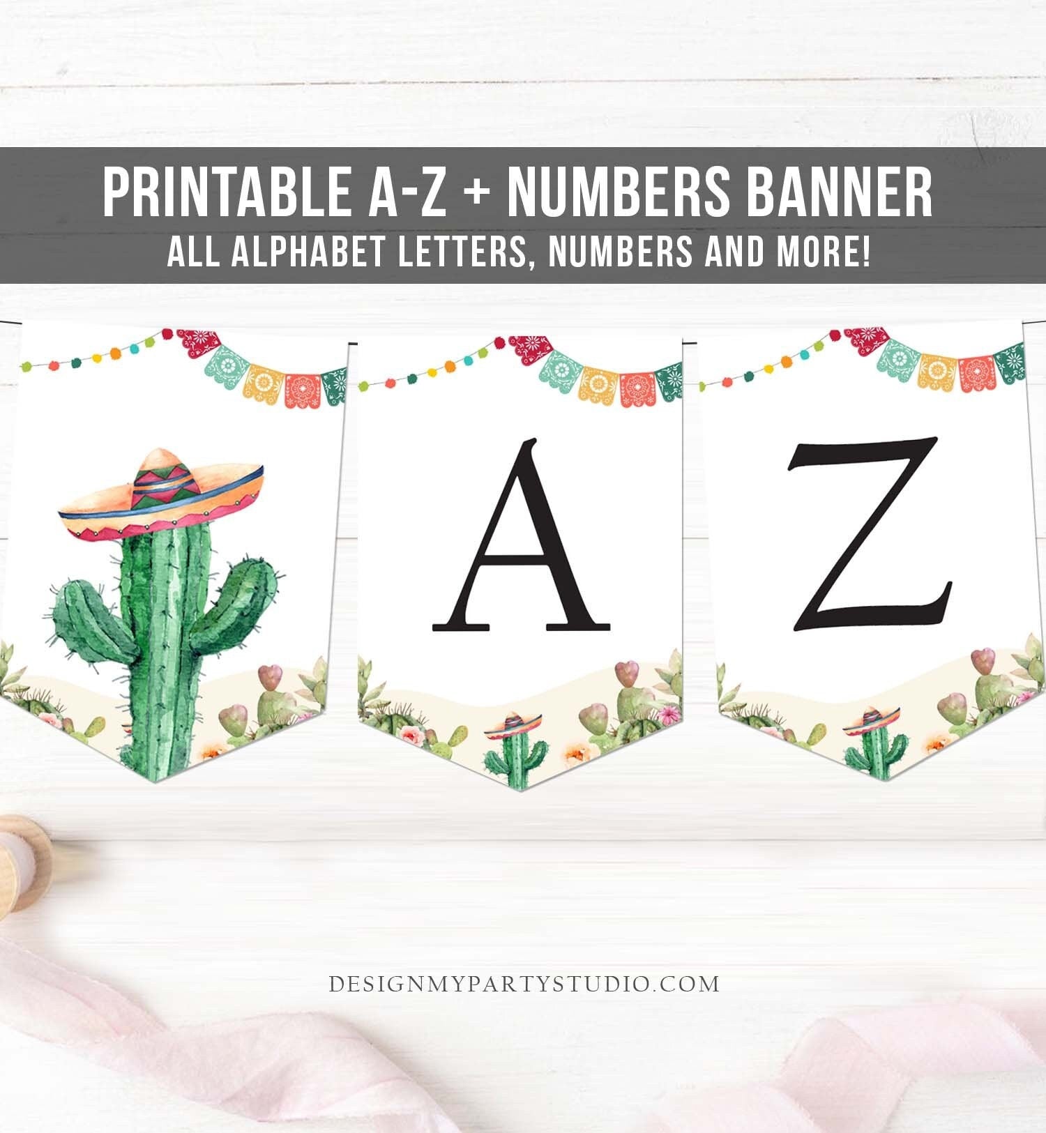 Fiesta Cactus Banner A-Z Alphabet Numbers Banner Birthday Baby Bridal Shower Succulent Mexican Party Watercolor Digital Printable 0404