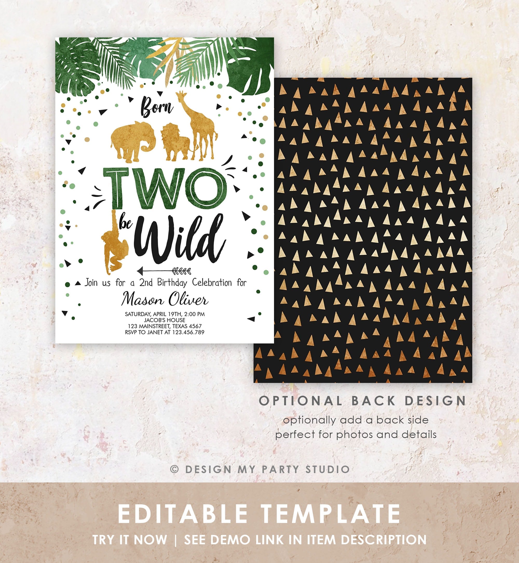 Editable Born Two Be Wild Birthday Invitation Boy Animals Jungle Safari Green Gold 2nd Birthday Download Printable Template Corjl 0016