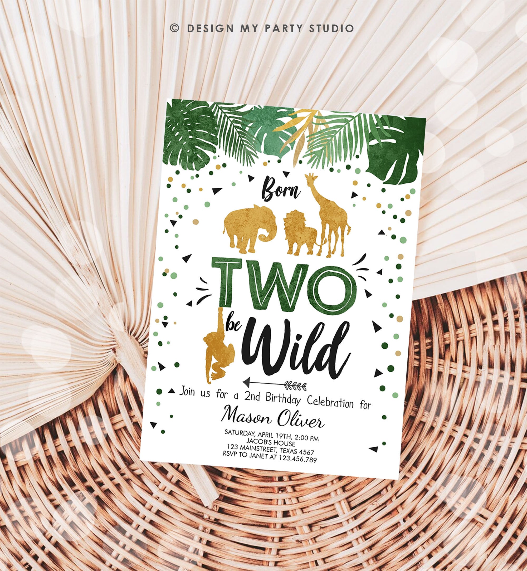 Editable Born Two Be Wild Birthday Invitation Boy Animals Jungle Safari Green Gold 2nd Birthday Download Printable Template Corjl 0016