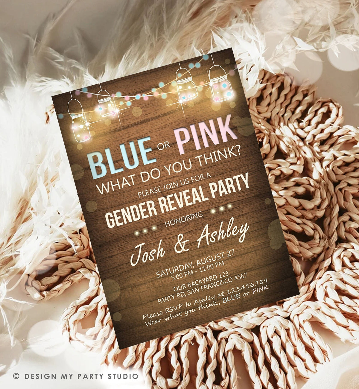 Editable Gender Reveal Invitation Baby Shower Boy or Girl Pink or Blue He She Wood Rustic Template Instant Download Digital Corjl 0015