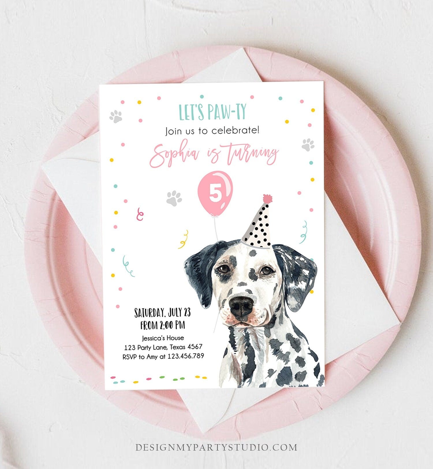 Editable Dog Birthday Party Invitation Dalmatian Birthday Invite Pink Girl Come Sit Stay Party Animal Download Printable Template Corjl 0384