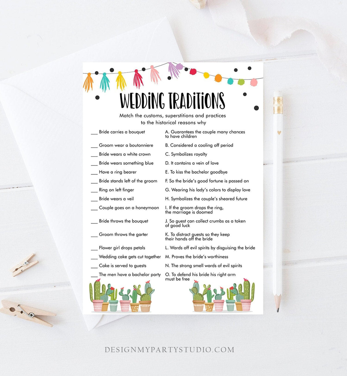 Editable Wedding Traditions Bridal Shower Game Cactus Fiesta Guessing Game Wedding Shower Activity Mexican Corjl Template Printable 0254