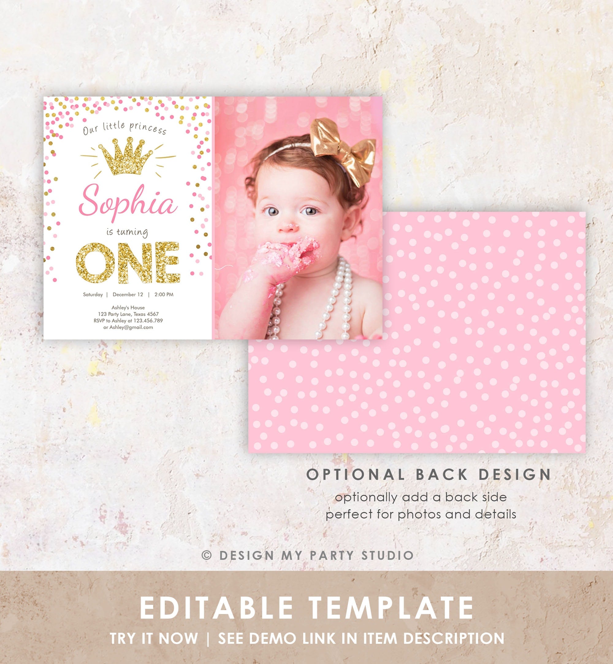 Editable Little Princess Birthday Invitation Girl Pink Gold First Birthday 1st ANY AGE Confetti Crown Download Evite Template Printable 0047