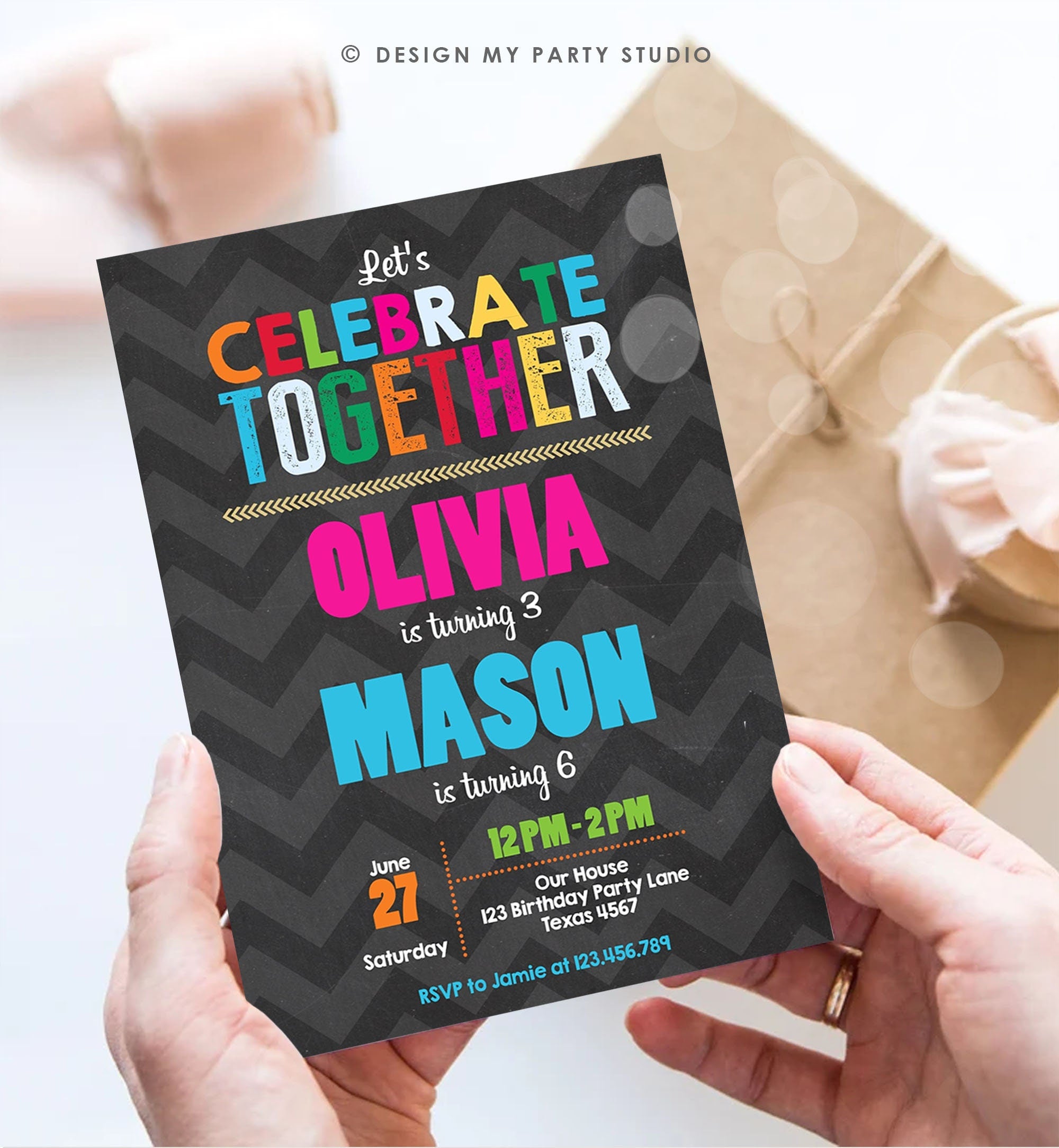 Editable Siblings Birthday Invitation Twins Birthday Party Dual Birthday Boy and Girl Party Rainbow Printable Invite Template Corjl 0087