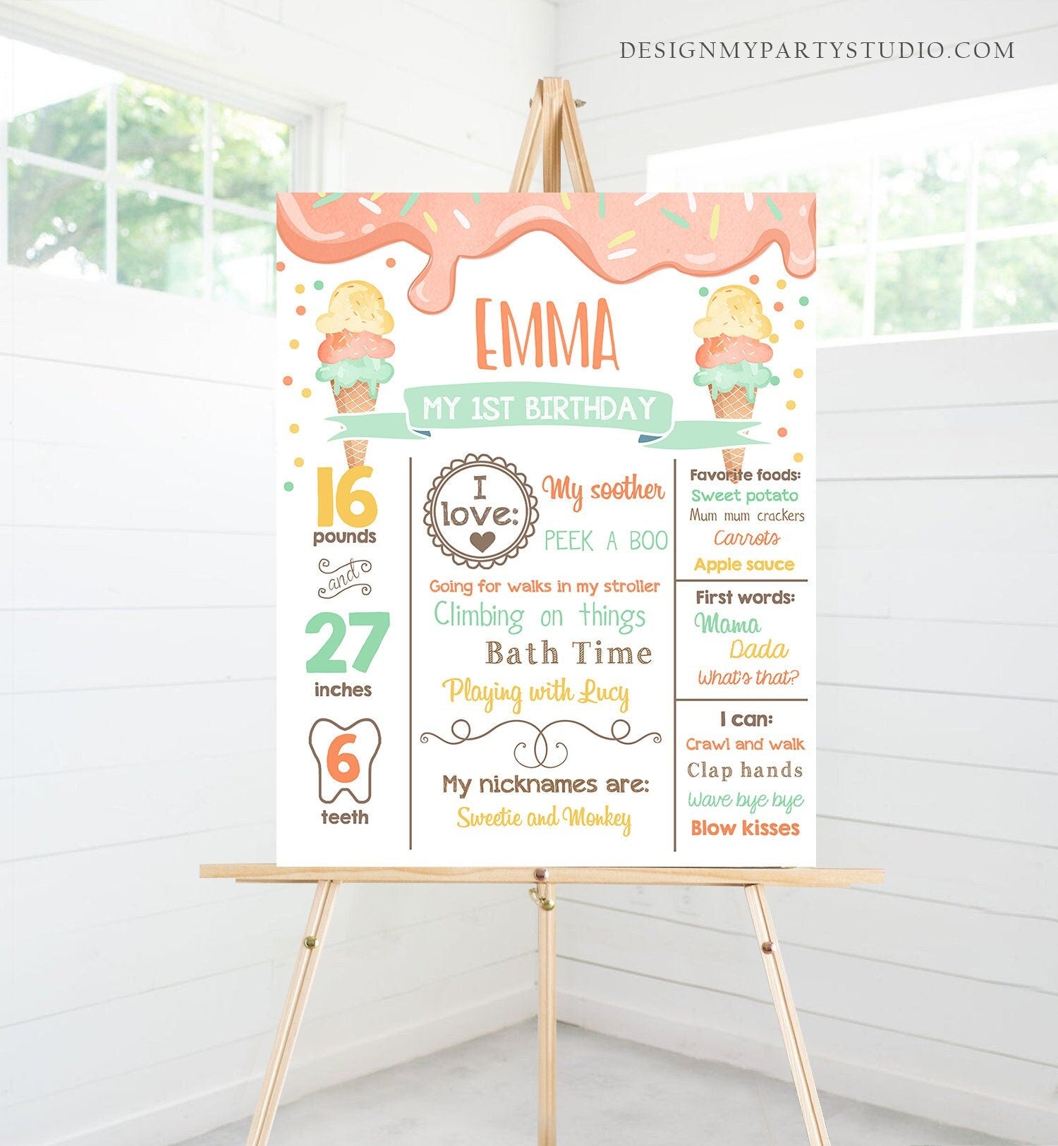 Editable Ice Cream Birthday Milestones Sign Girl Pink First Birthday 1st Cones Sweet Poster Digital Download Template Printable 0243