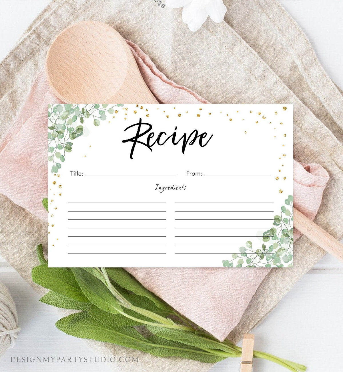 Editable Eucalyptus Recipe Card Travel Adventure Bridal Shower Traveling to Mrs Gold Greenery Bride Advice Download Template Printable 0030