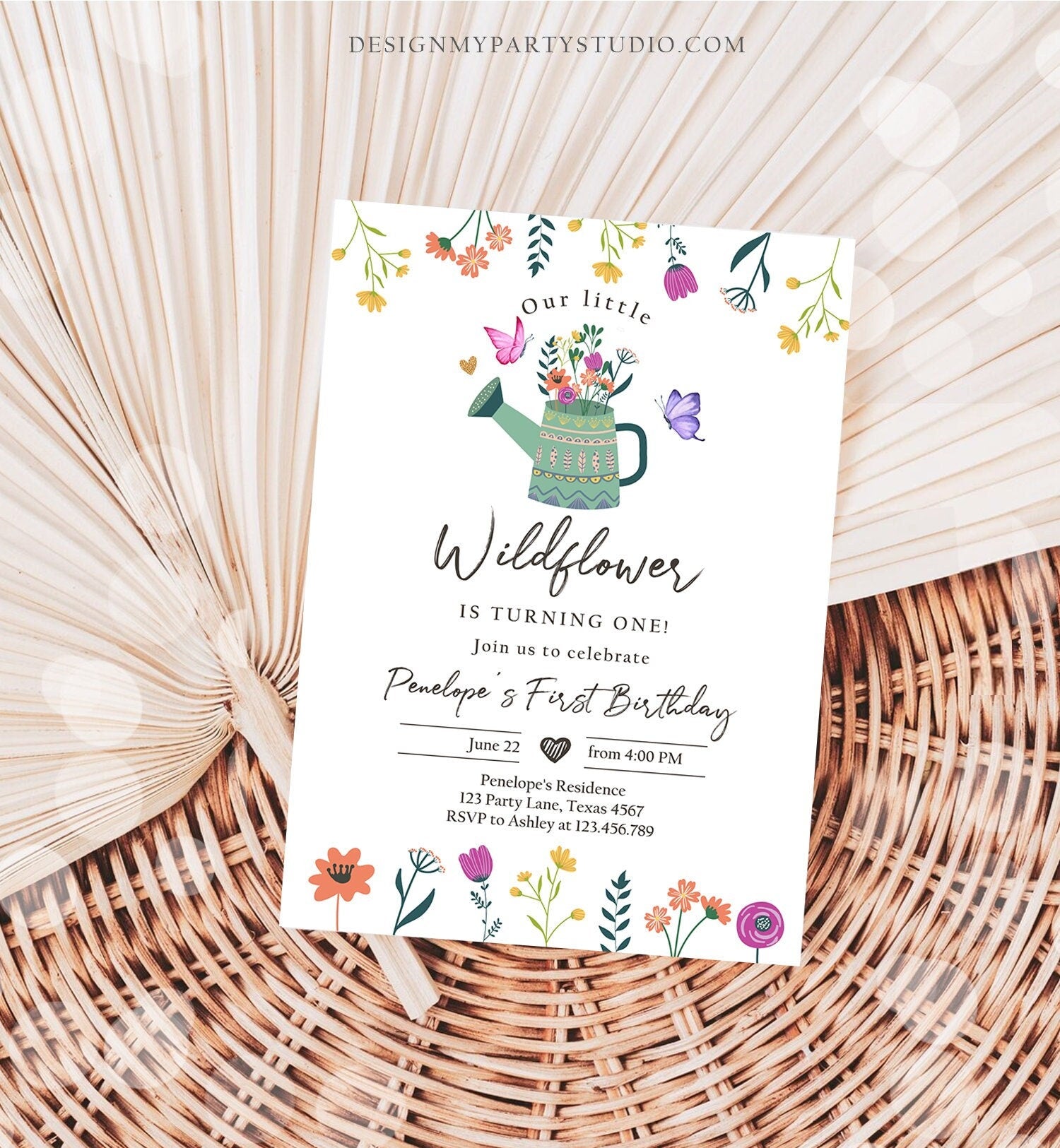 Editable Wildflower First Birthday Invitation 1st Birthday Girl Wild Flower Garden Party Boho Floral Download Evite Template Printable 0396