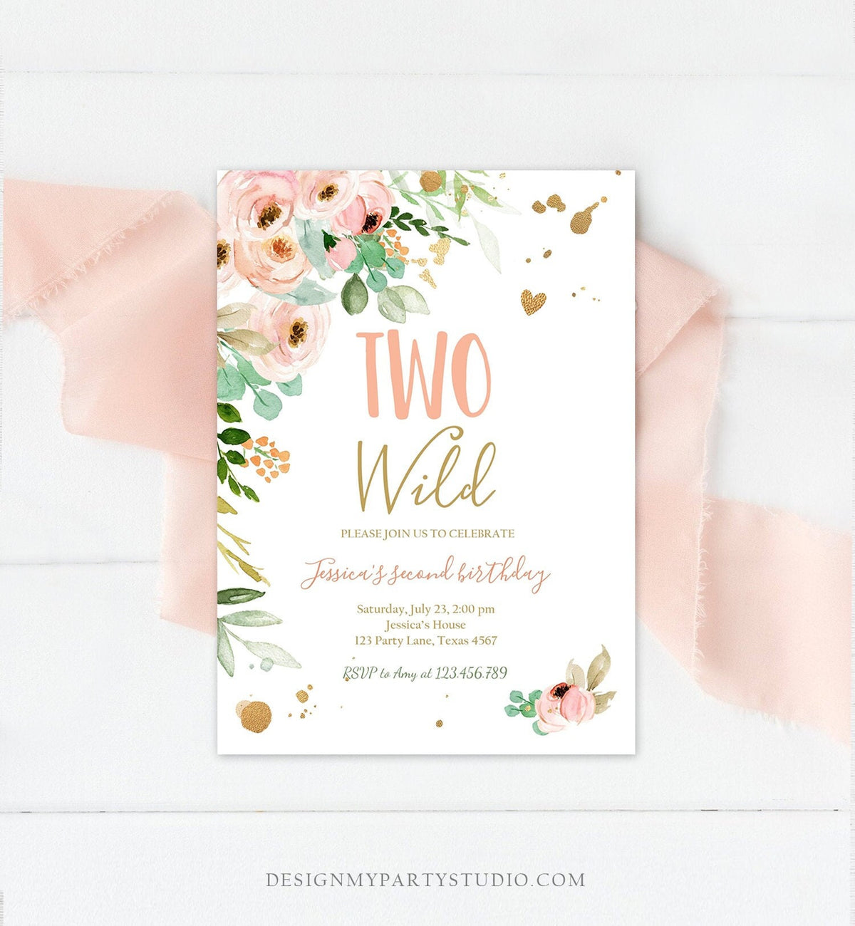 Editable Two Wild Birthday Invitation 2nd Birthday Girl Pink Gold Floral Second Birthday Wild Digital Download Evite Template Printable 0147