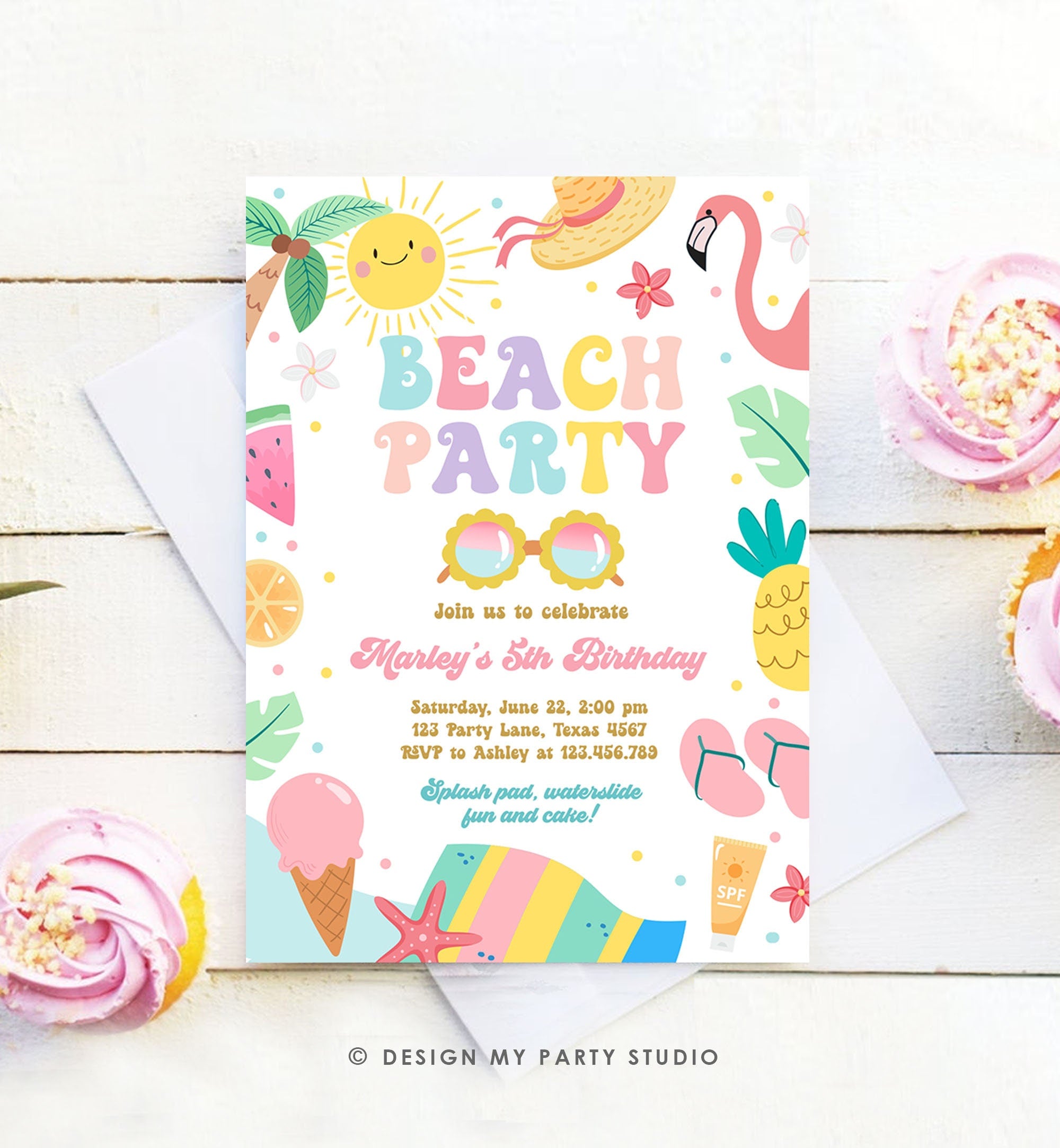 Editable Beach Birthday Invitation Tropical Pool Party Girl Summer Party Waterslide Splish Splash Pink Download Invite Template Corjl 0465