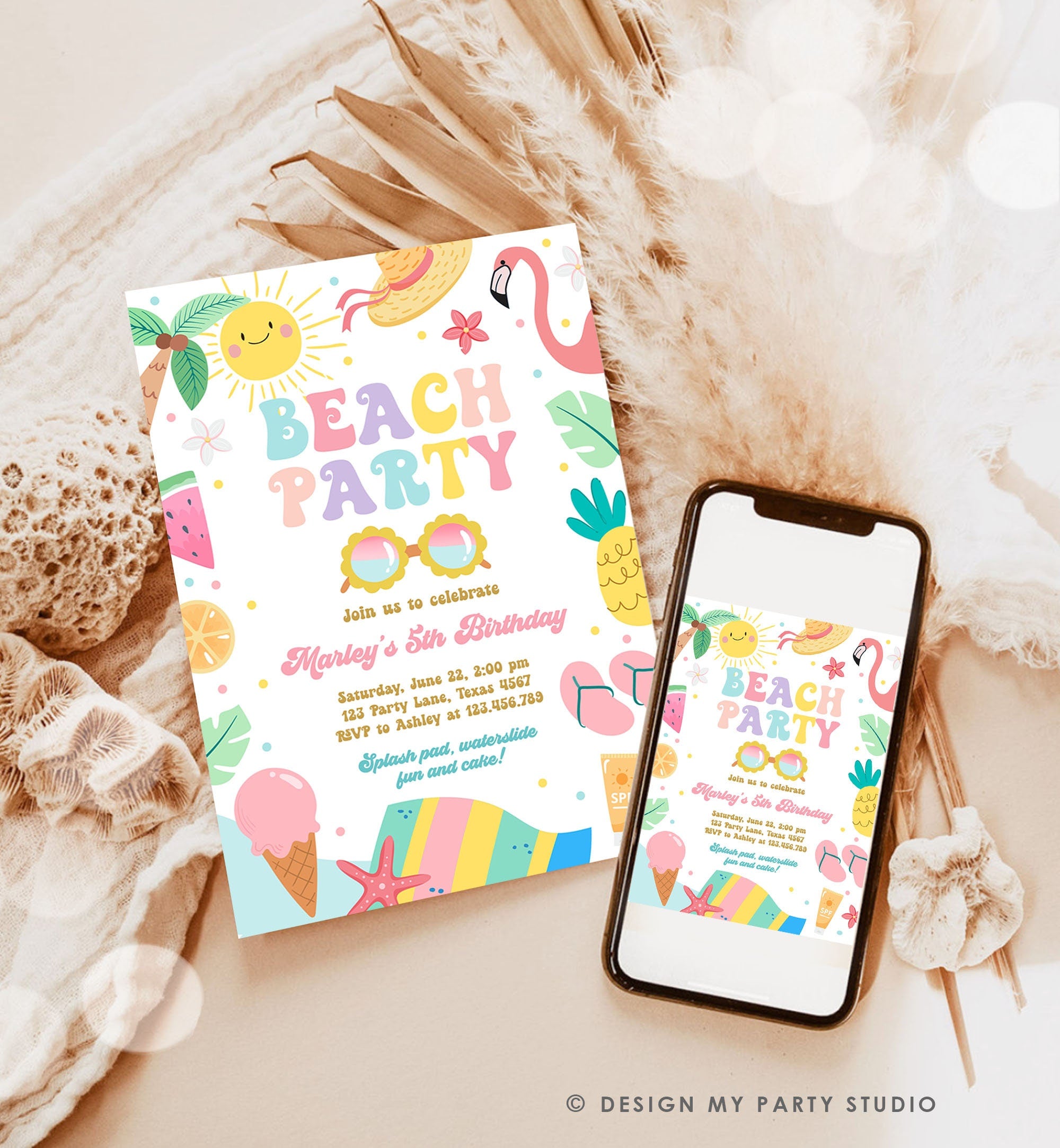 Editable Beach Birthday Invitation Tropical Pool Party Girl Summer Party Waterslide Splish Splash Pink Download Invite Template Corjl 0465