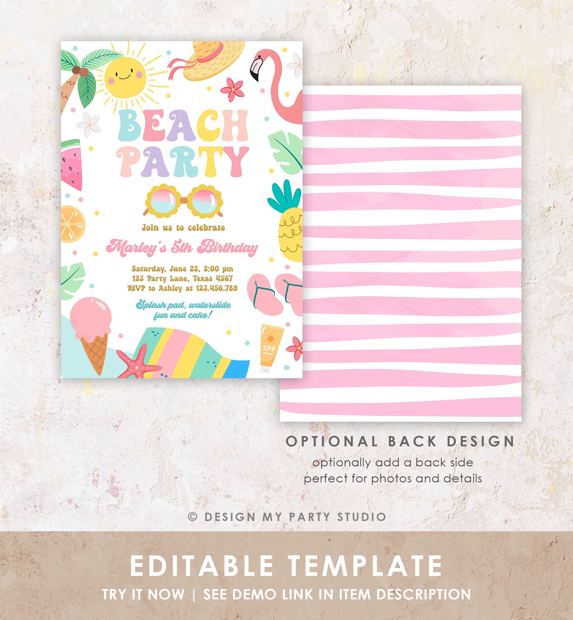 Editable Beach Birthday Invitation Tropical Pool Party Girl Summer Party Waterslide Splish Splash Pink Download Invite Template Corjl 0465