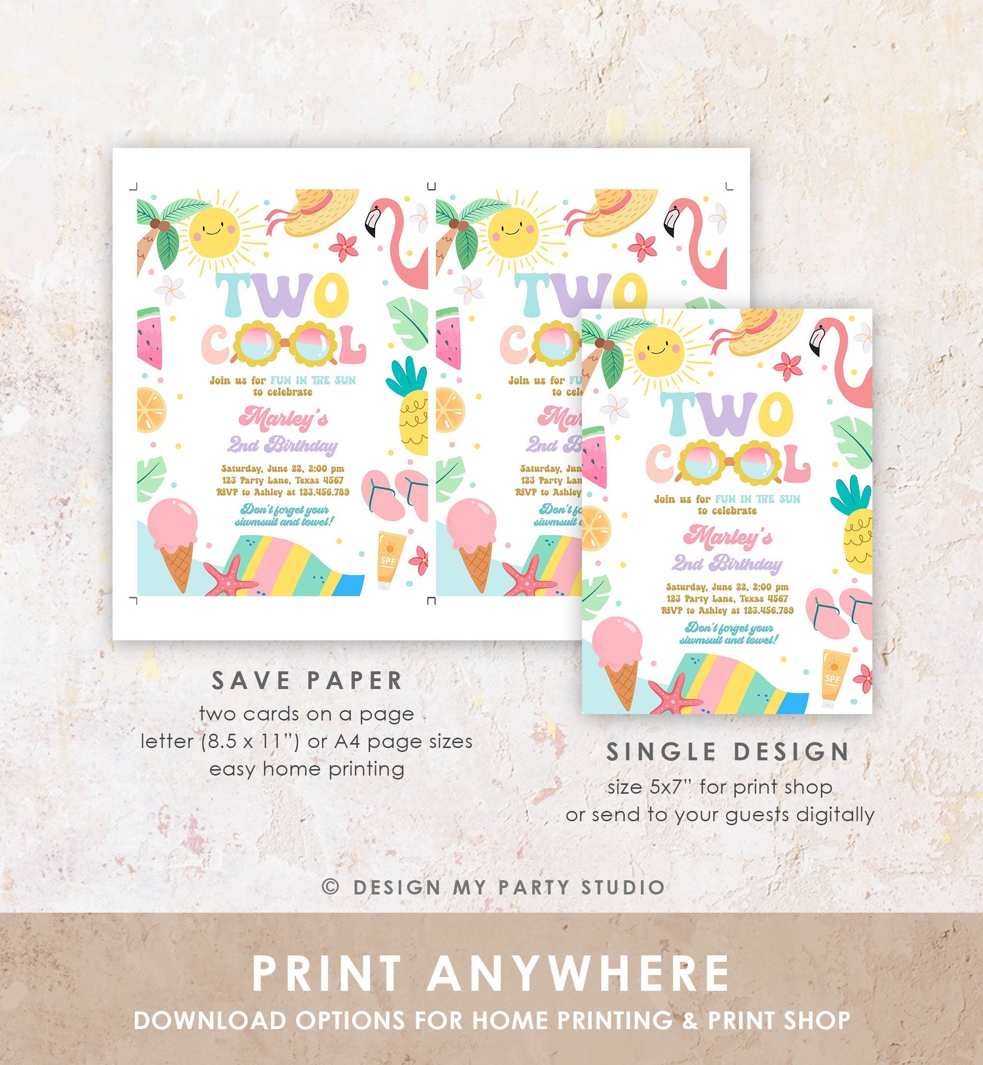 Editable Two Cool Birthday Invitation Tropical Pool Party Girl Summer Party Splish Splash Pool Party Pink Download Template Corjl 0465