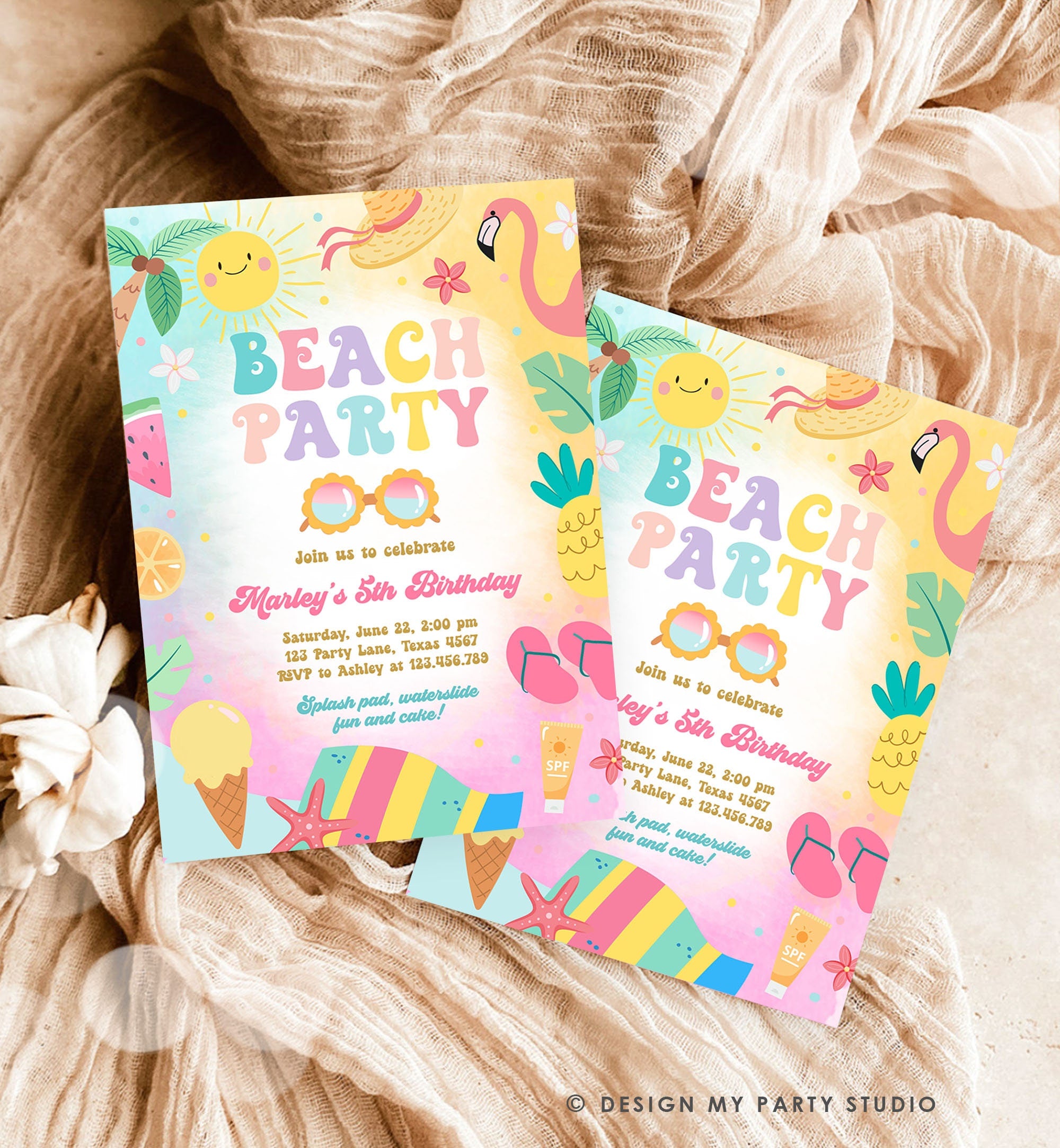 Editable Beach Birthday Invitation Tropical Pool Party Girl Summer Party Waterslide Splish Splash Pink Download Invite Template Corjl 0465