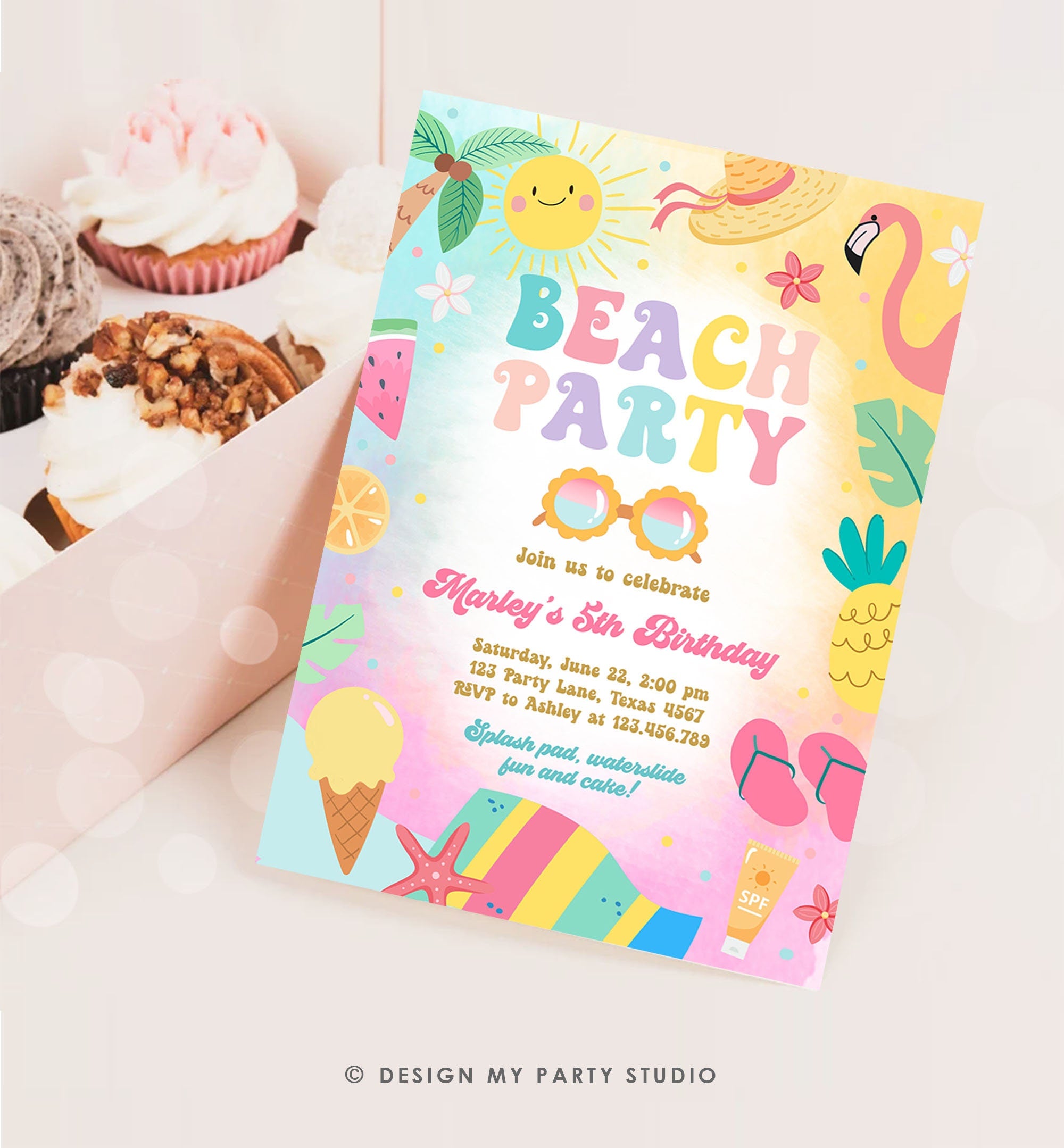 Editable Beach Birthday Invitation Tropical Pool Party Girl Summer Party Waterslide Splish Splash Pink Download Invite Template Corjl 0465