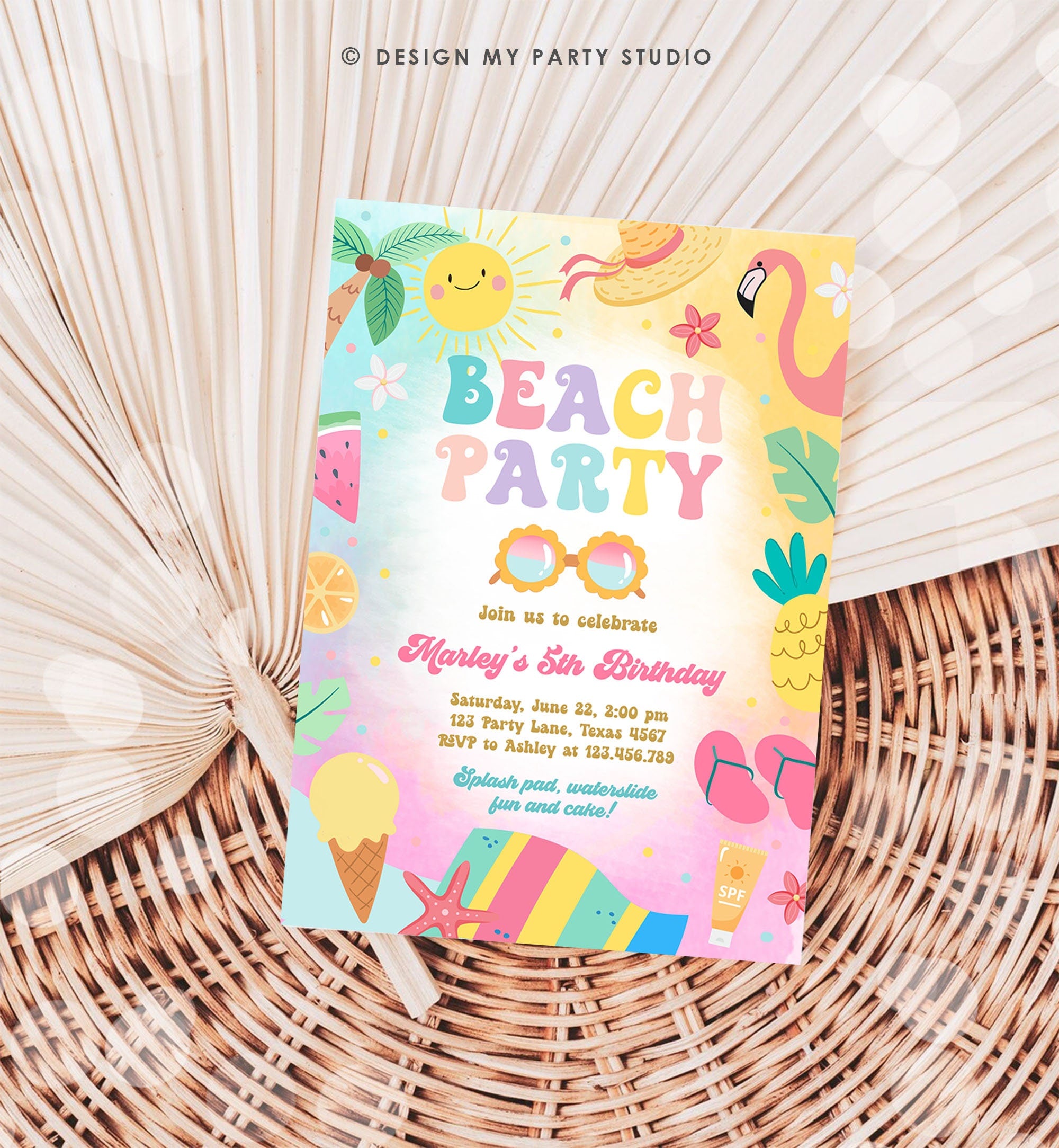 Editable Beach Birthday Invitation Tropical Pool Party Girl Summer Party Waterslide Splish Splash Pink Download Invite Template Corjl 0465