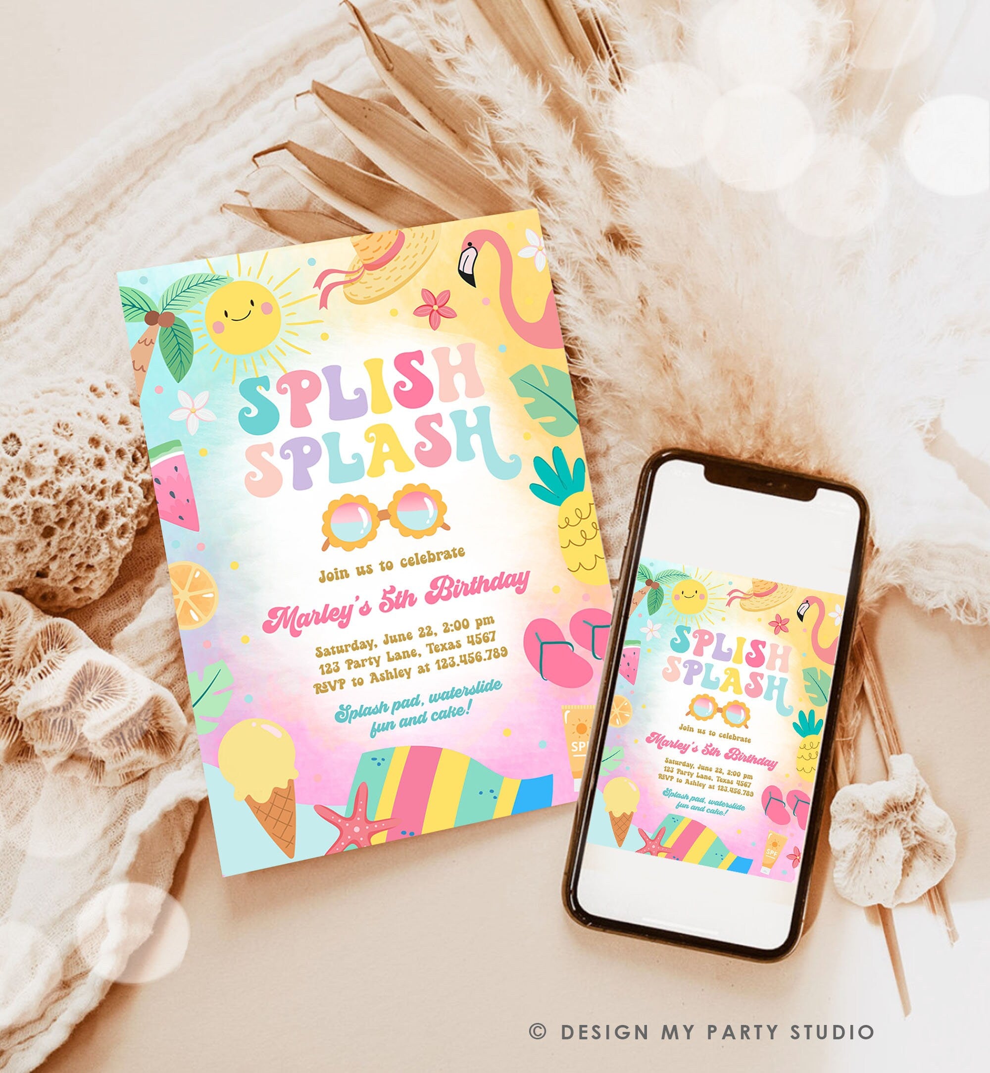 Editable Splish Splash Birthday Invitation Pool Party Girl Summer Waterslide Water Party Pink Download Printable Invite Template Corjl 0465